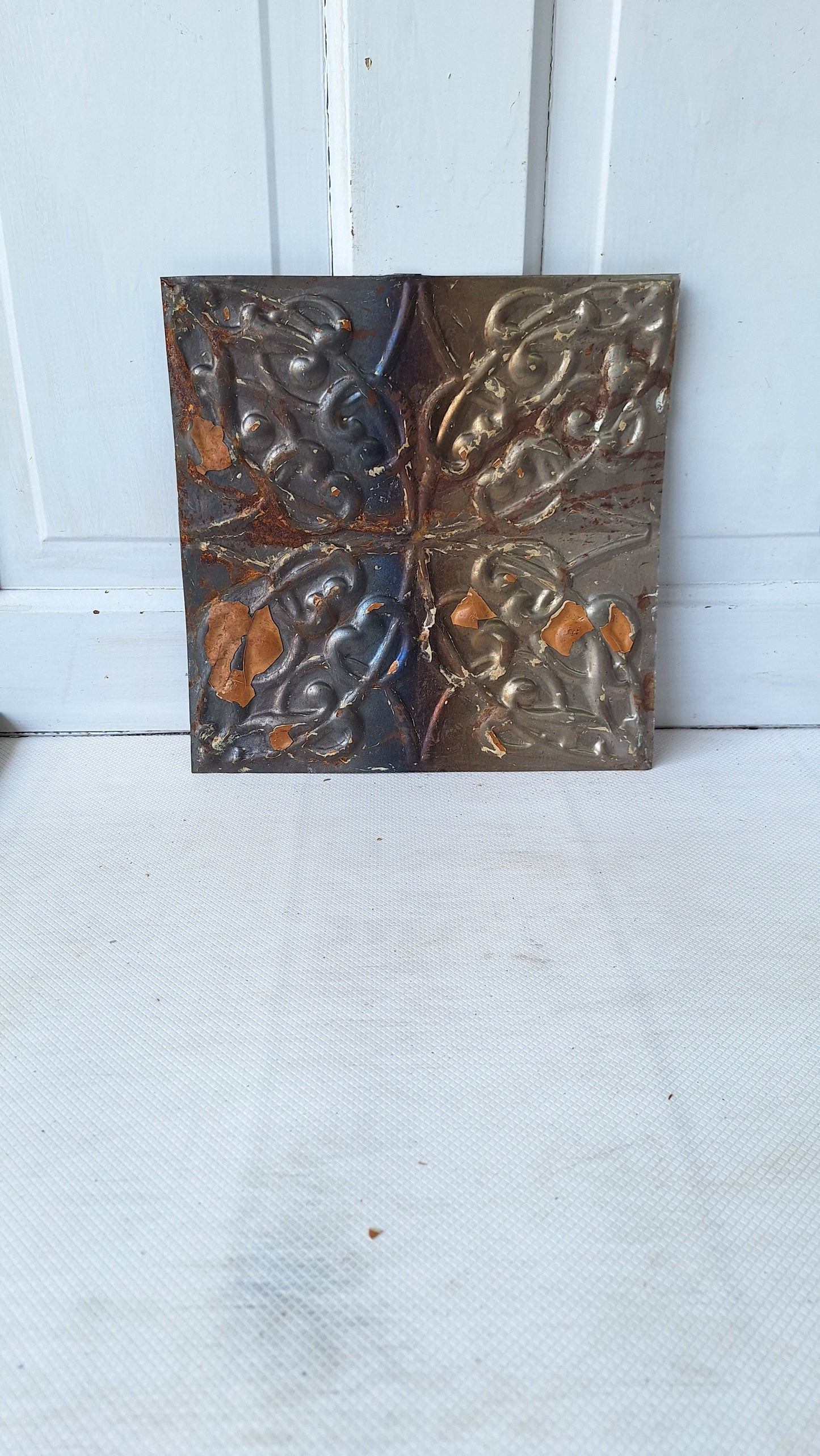 Small 12" Ceiling Tile Square, Vintage Stamped Metal Ceiling Tin, Vintage Metal Wall Art Hanging 042410