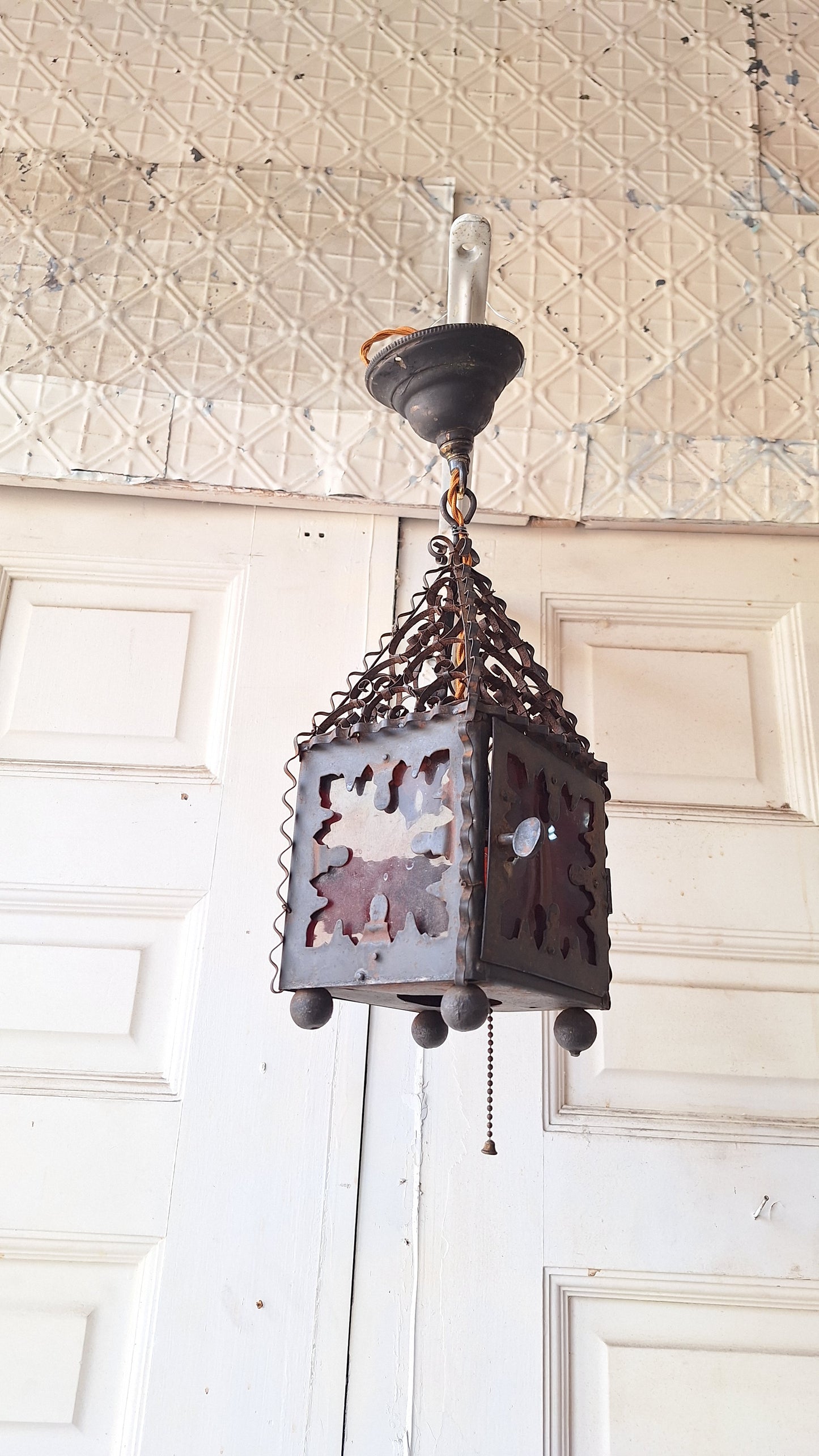 Vintage Punched Metal Round Lantern, Craftsman or Arts Crafts Light, Antique Lantern 042901