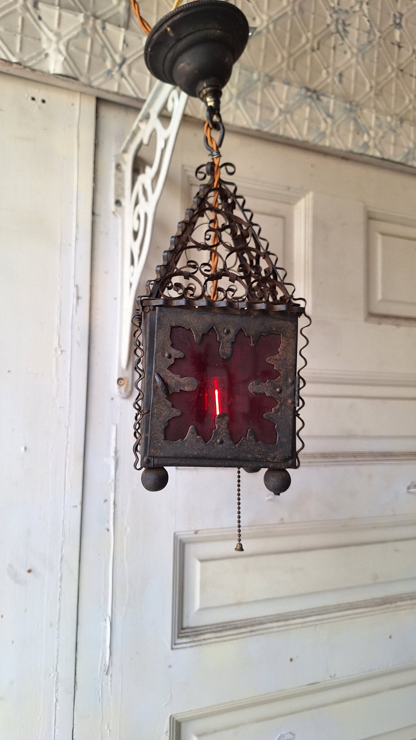 Vintage Punched Metal Round Lantern, Craftsman or Arts Crafts Light, Antique Lantern 042901