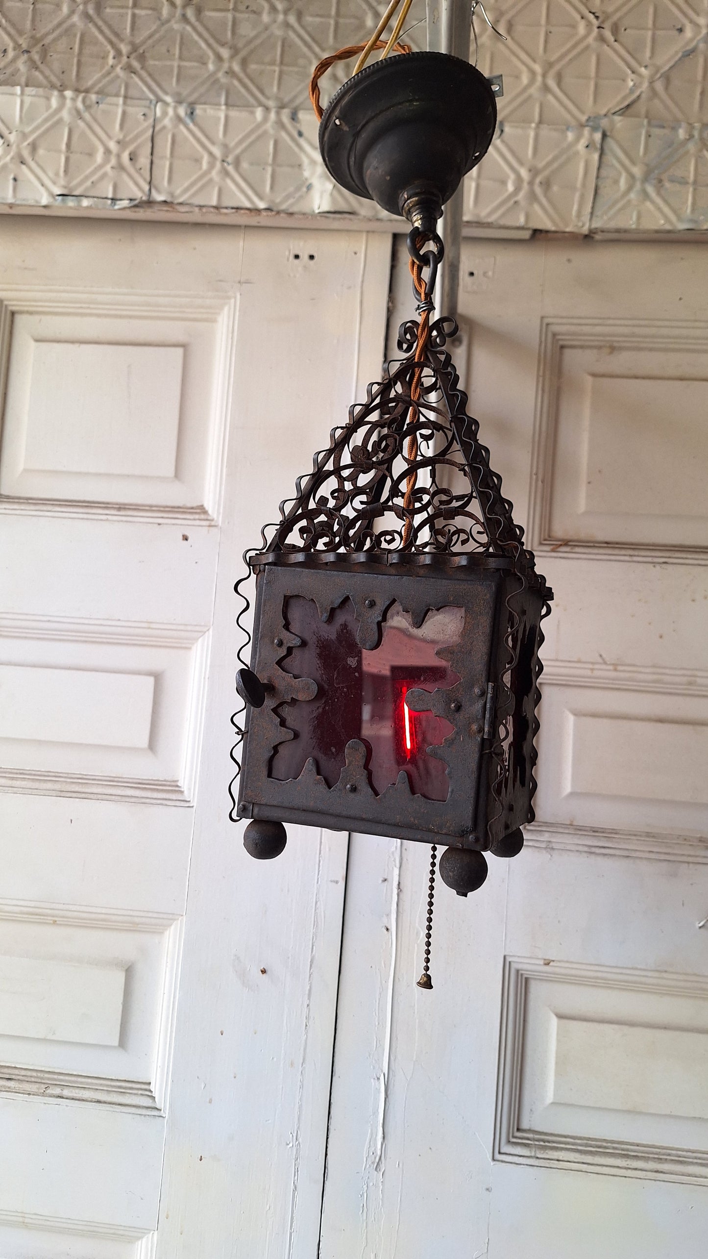 Vintage Punched Metal Round Lantern, Craftsman or Arts Crafts Light, Antique Lantern 042901