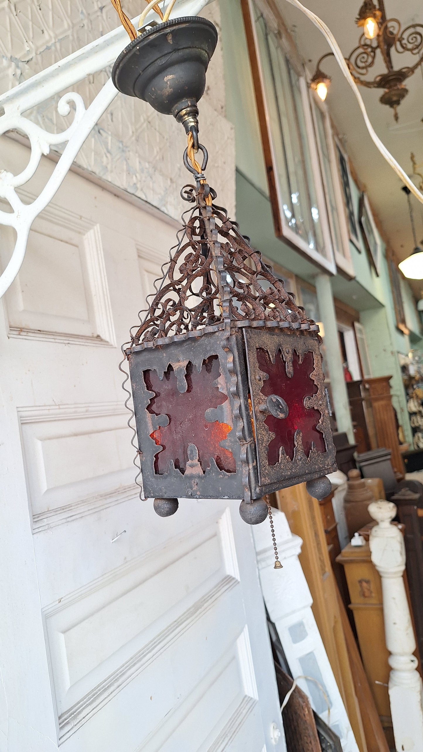 Vintage Punched Metal Round Lantern, Craftsman or Arts Crafts Light, Antique Lantern 042901