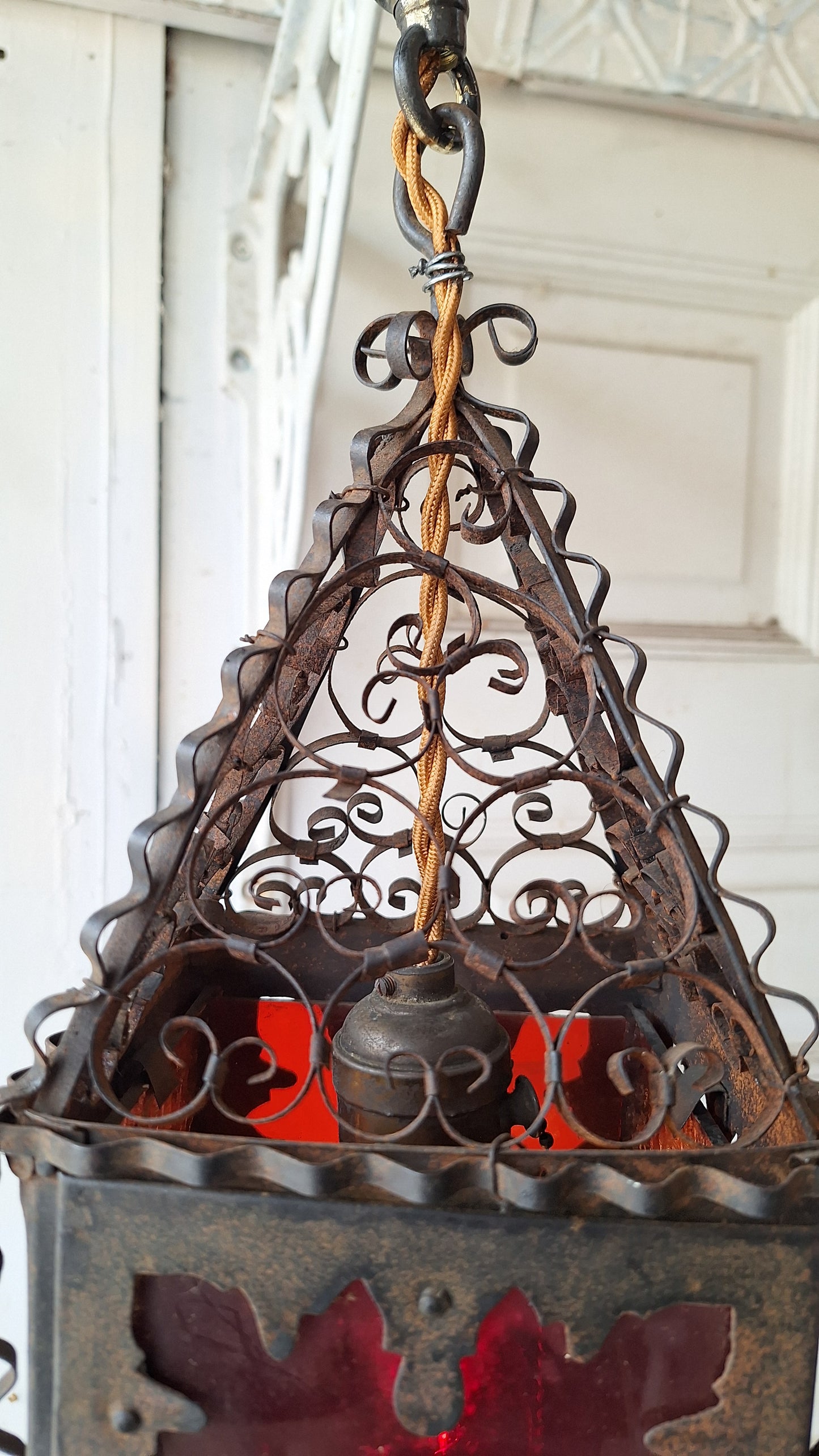 Vintage Punched Metal Round Lantern, Craftsman or Arts Crafts Light, Antique Lantern 042901