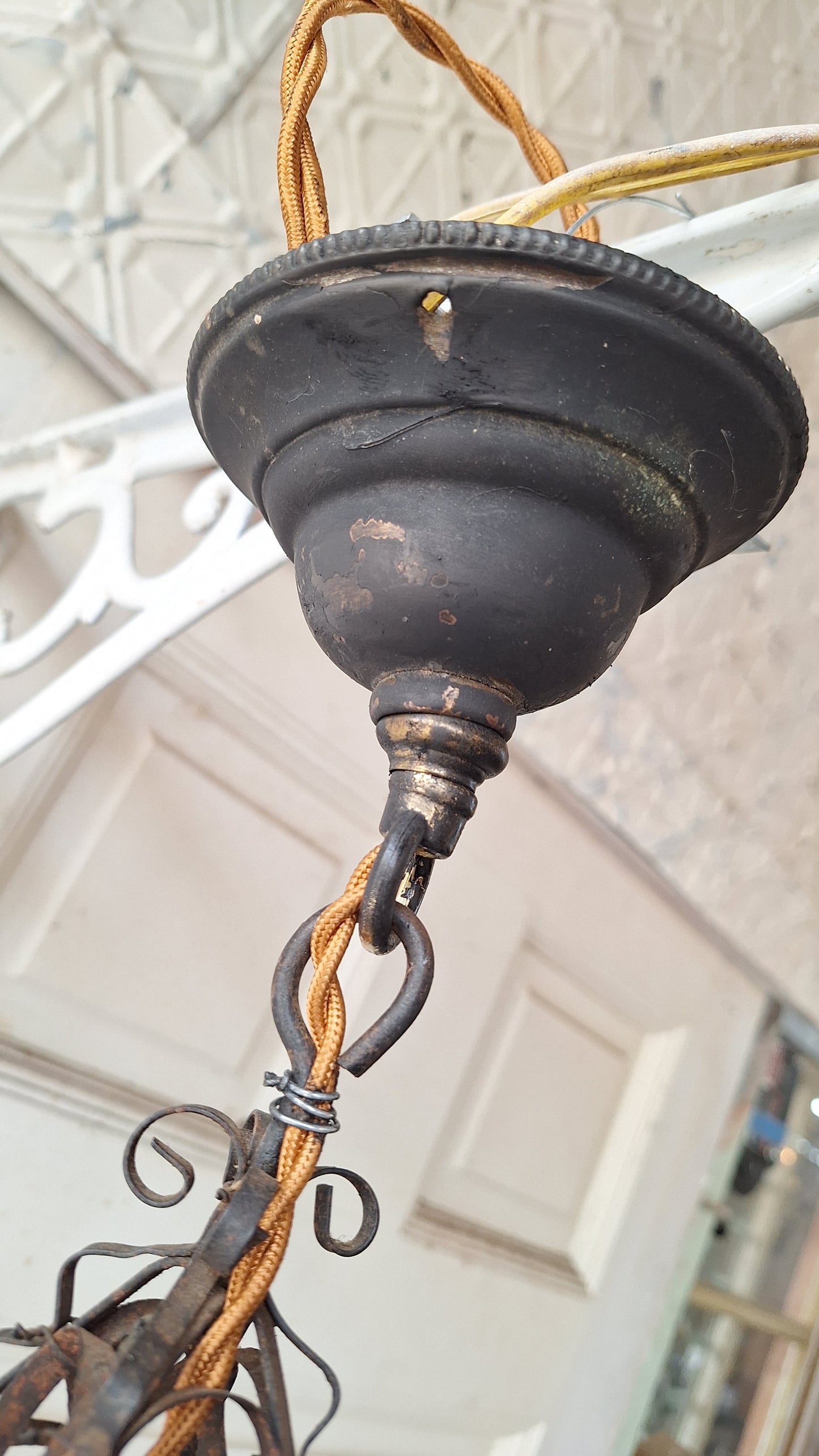 Vintage Punched Metal Round Lantern, Craftsman or Arts Crafts Light, Antique Lantern 042901