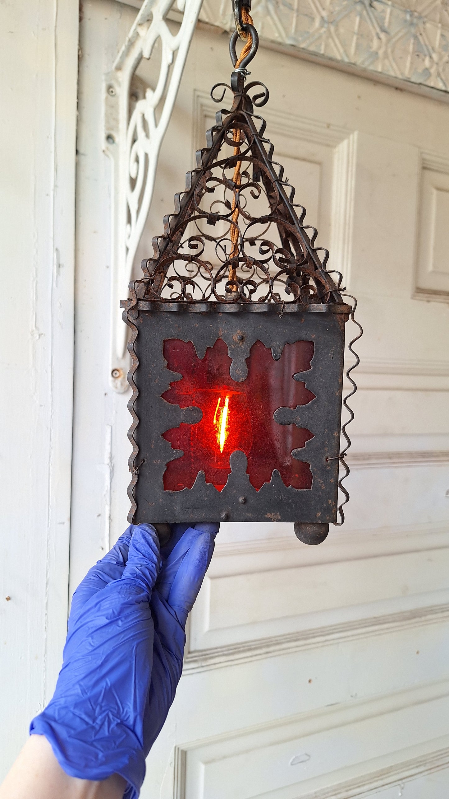 Vintage Punched Metal Round Lantern, Craftsman or Arts Crafts Light, Antique Lantern 042901