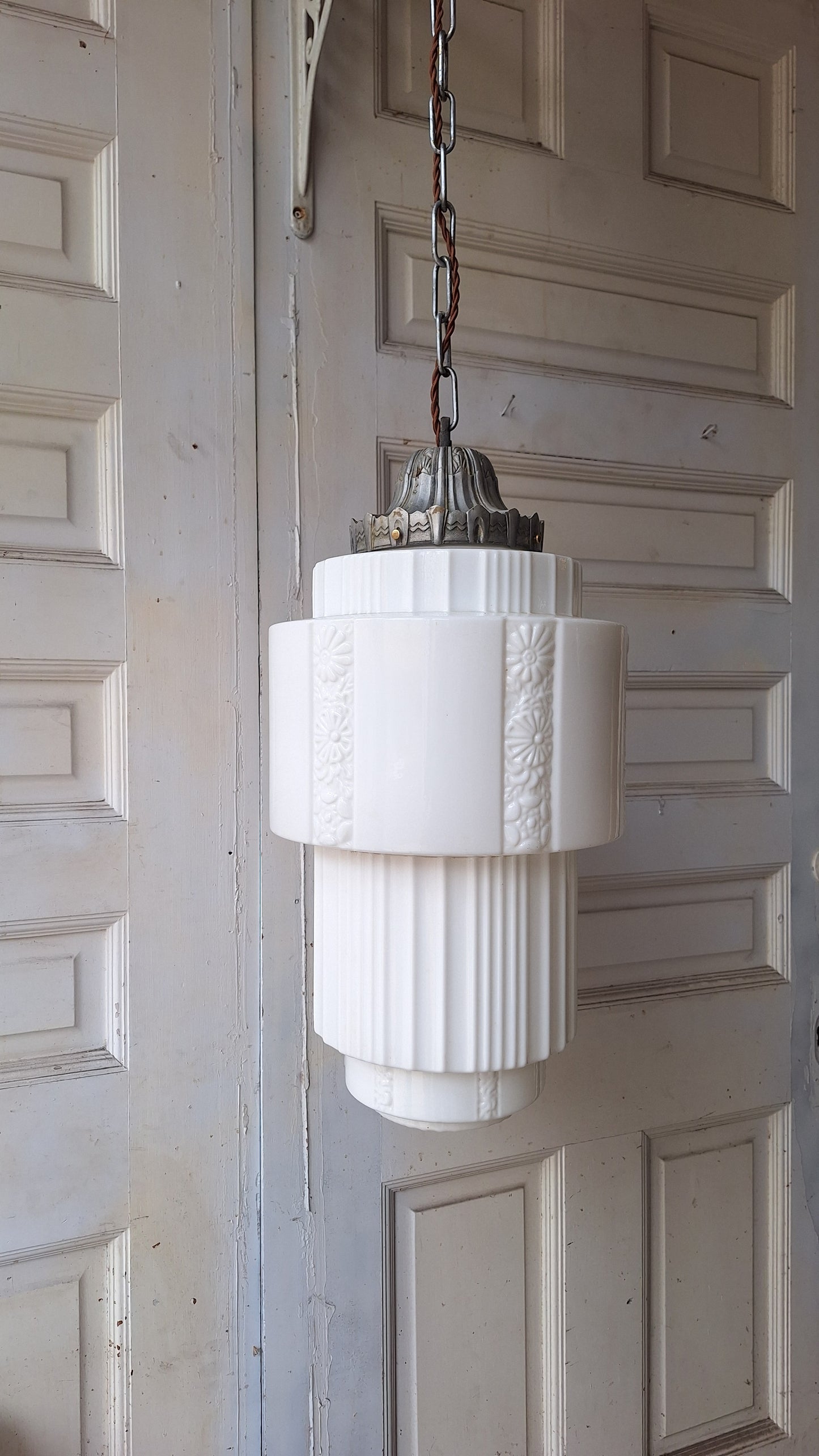 Large Floral Design Art Deco Skyscraper Pendant Light, Wedding Cake Style Antique Pendant Light