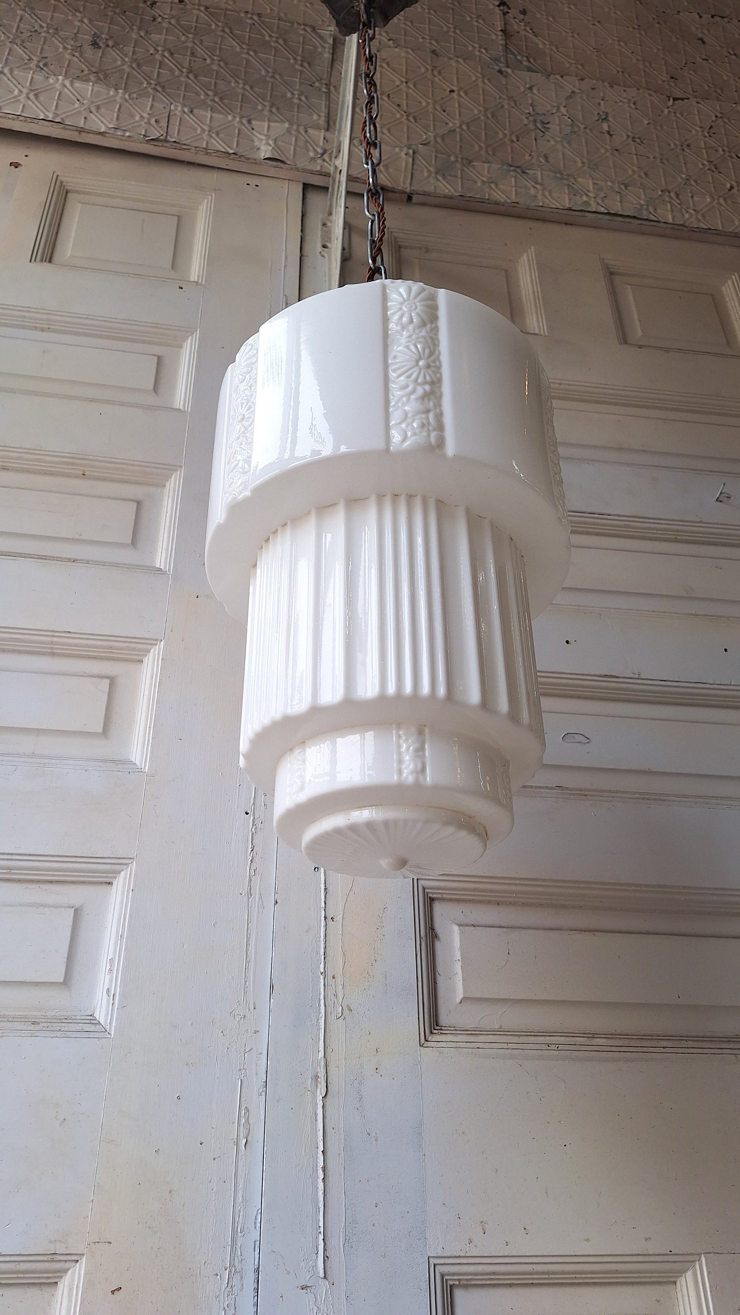 Large Floral Design Art Deco Skyscraper Pendant Light, Wedding Cake Style Antique Pendant Light