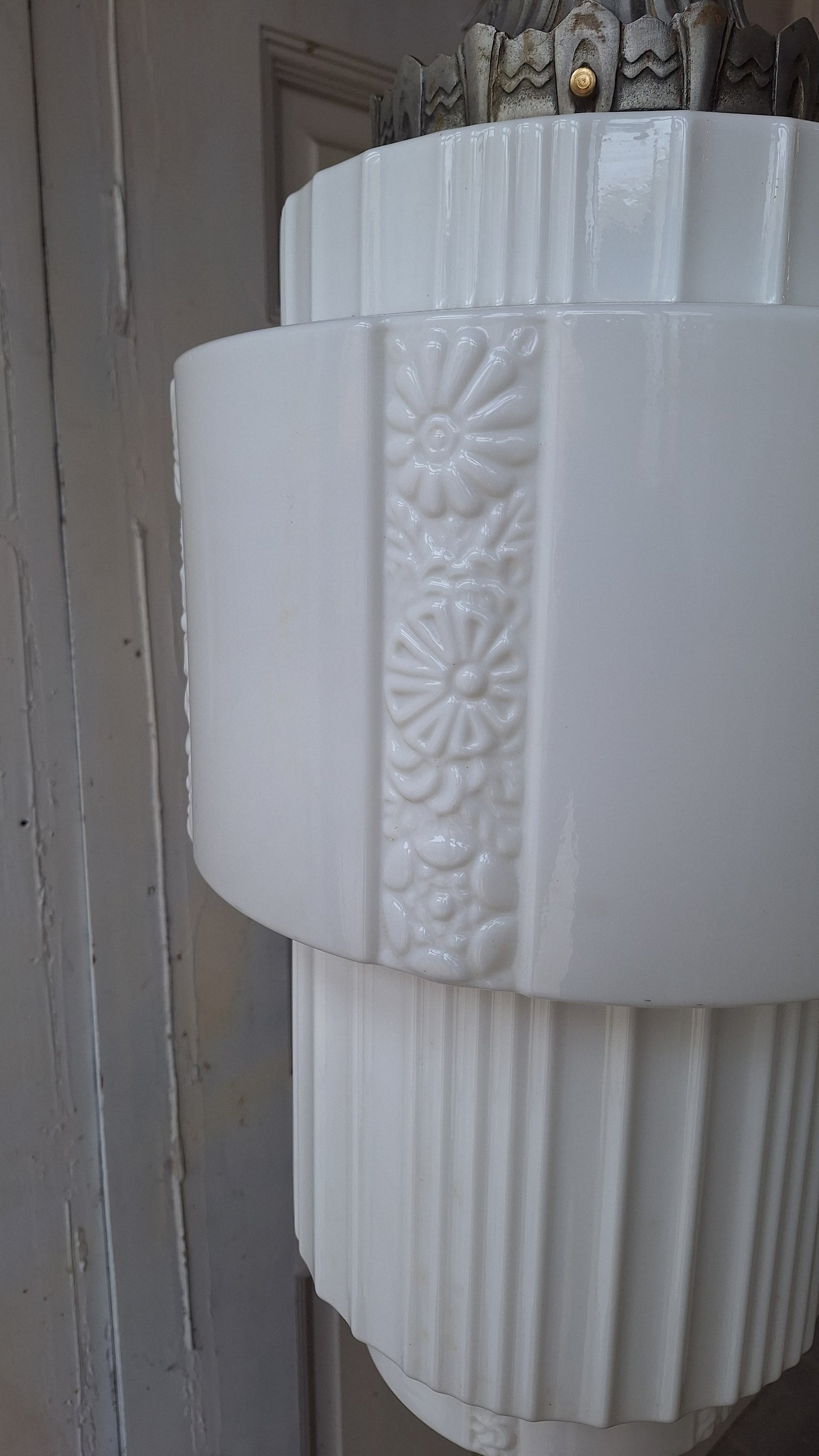 Large Floral Design Art Deco Skyscraper Pendant Light, Wedding Cake Style Antique Pendant Light
