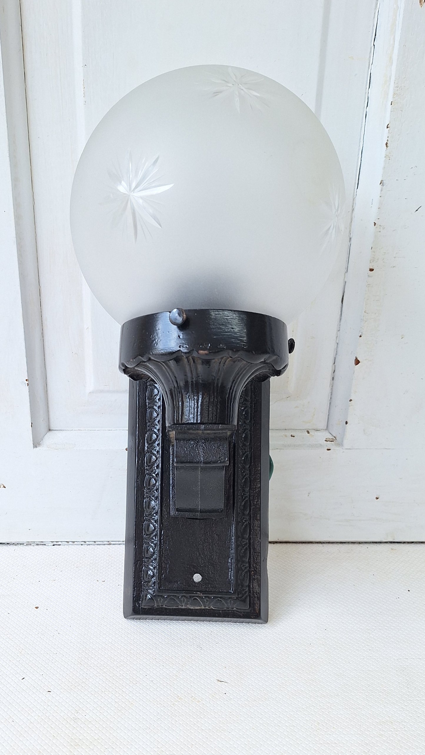 Antique Cast Iron Porch Light with Cut Glass Globe, Iron Sconce with Glass Shade 050301