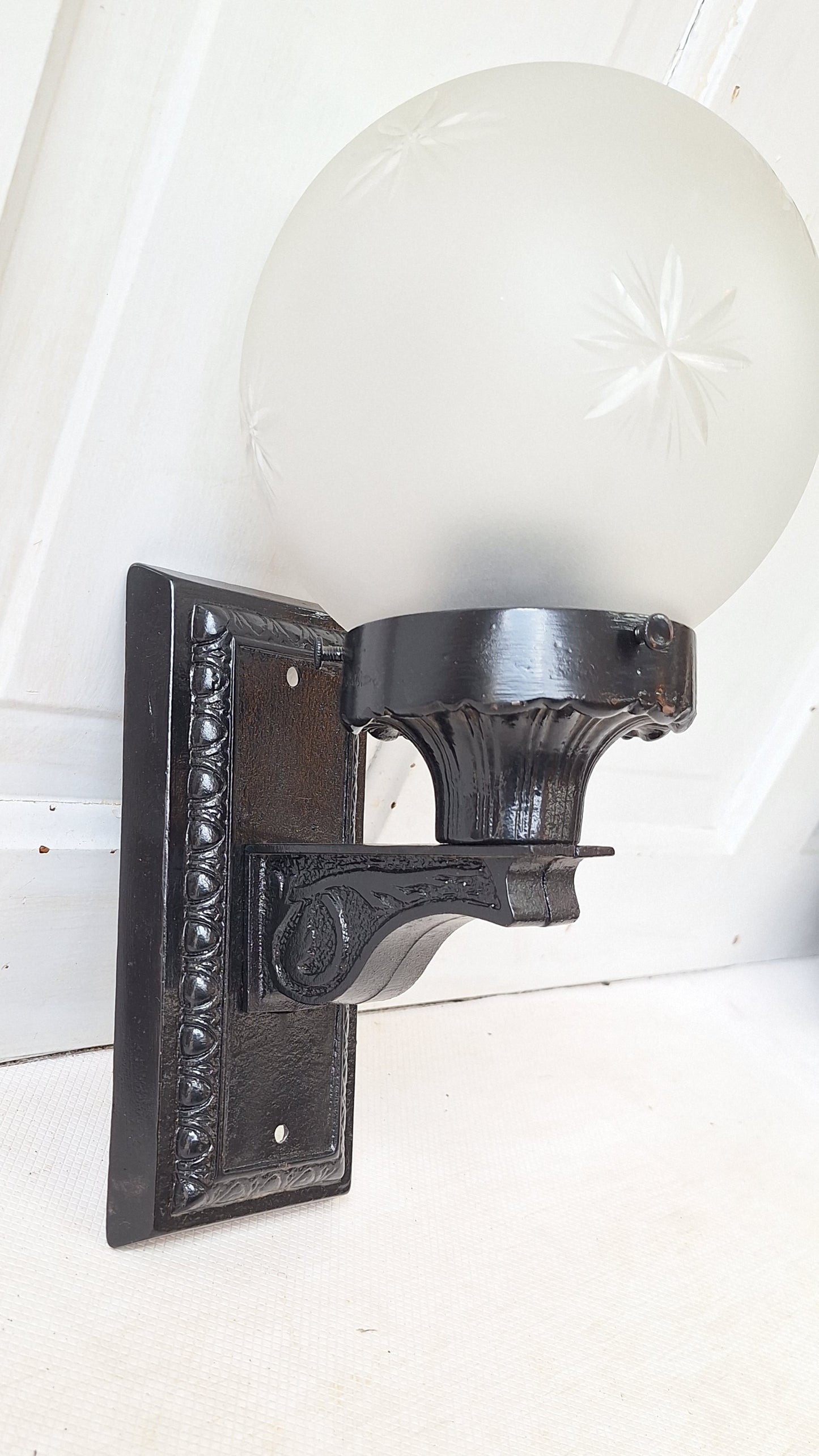 Antique Cast Iron Porch Light with Cut Glass Globe, Iron Sconce with Glass Shade 050301