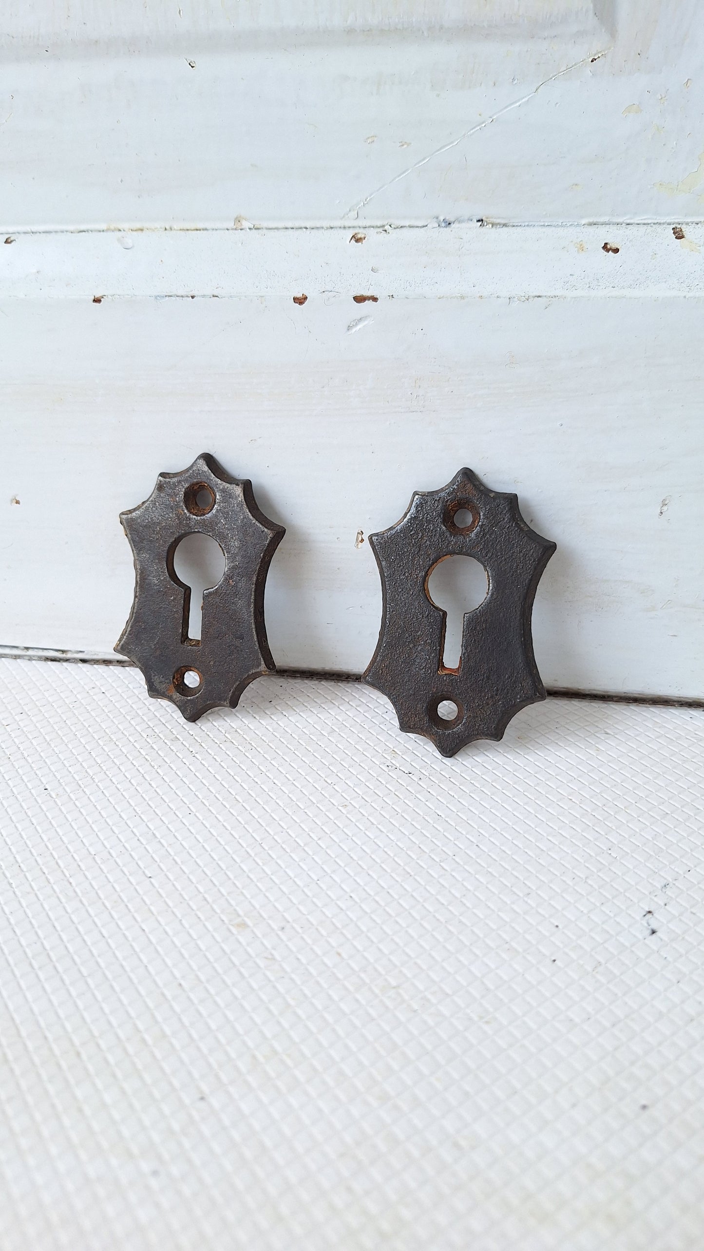 Two Iron Key Hole Escutcheon, Eastlake Style Cast Iron Keyhole Plate 050502