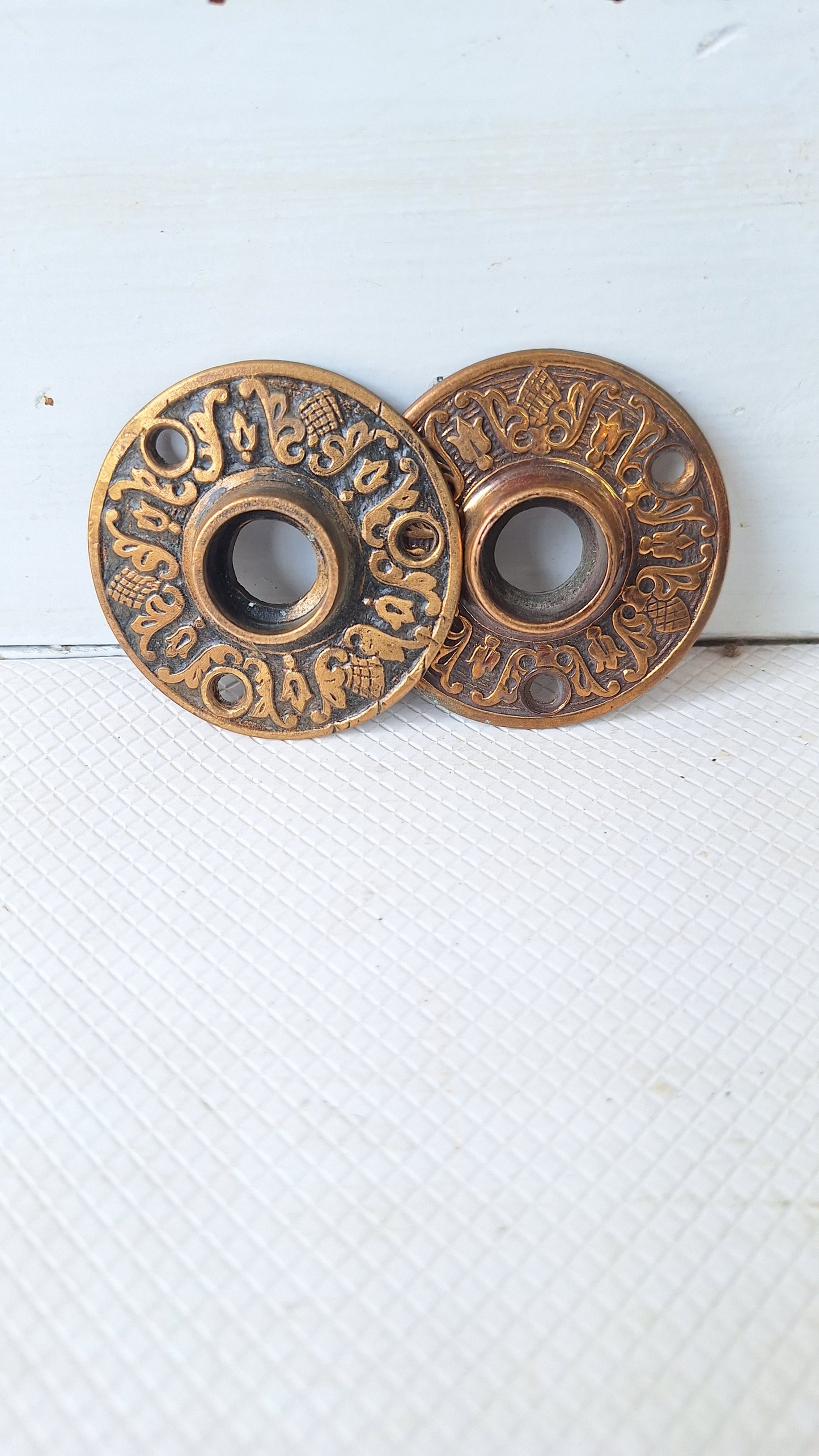 Two Floral Design Rosette Door Plates, Brass Flower Escutcheons Bronze Rosettes 050703