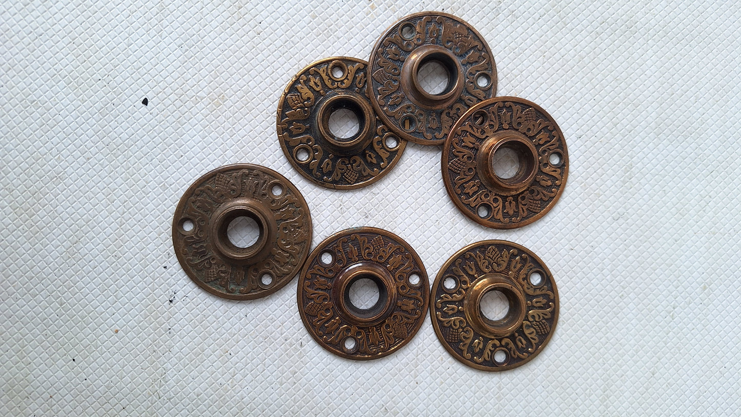Two Floral Design Rosette Door Plates, Brass Flower Escutcheons Bronze Rosettes 050703