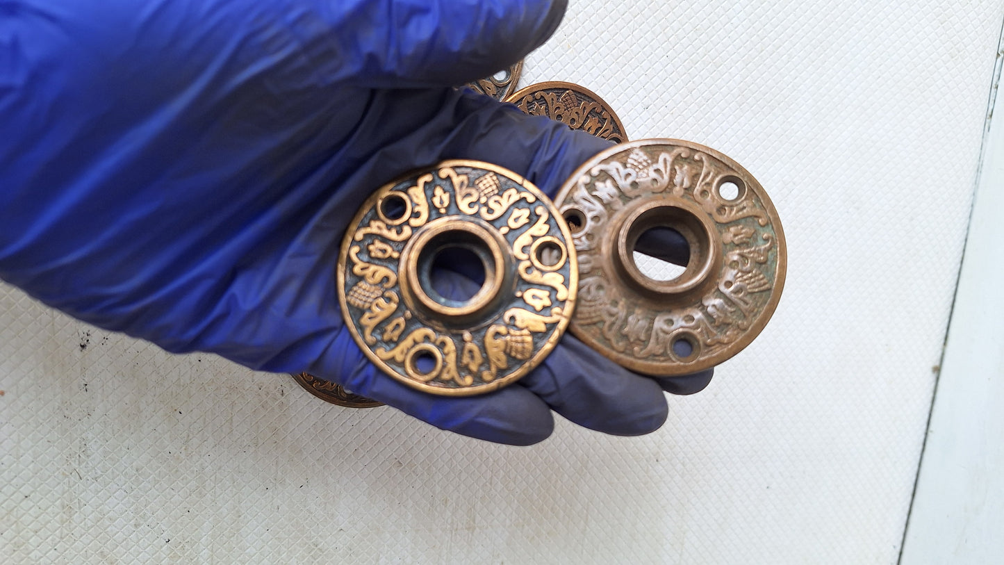 Two Floral Design Rosette Door Plates, Brass Flower Escutcheons Bronze Rosettes 050703