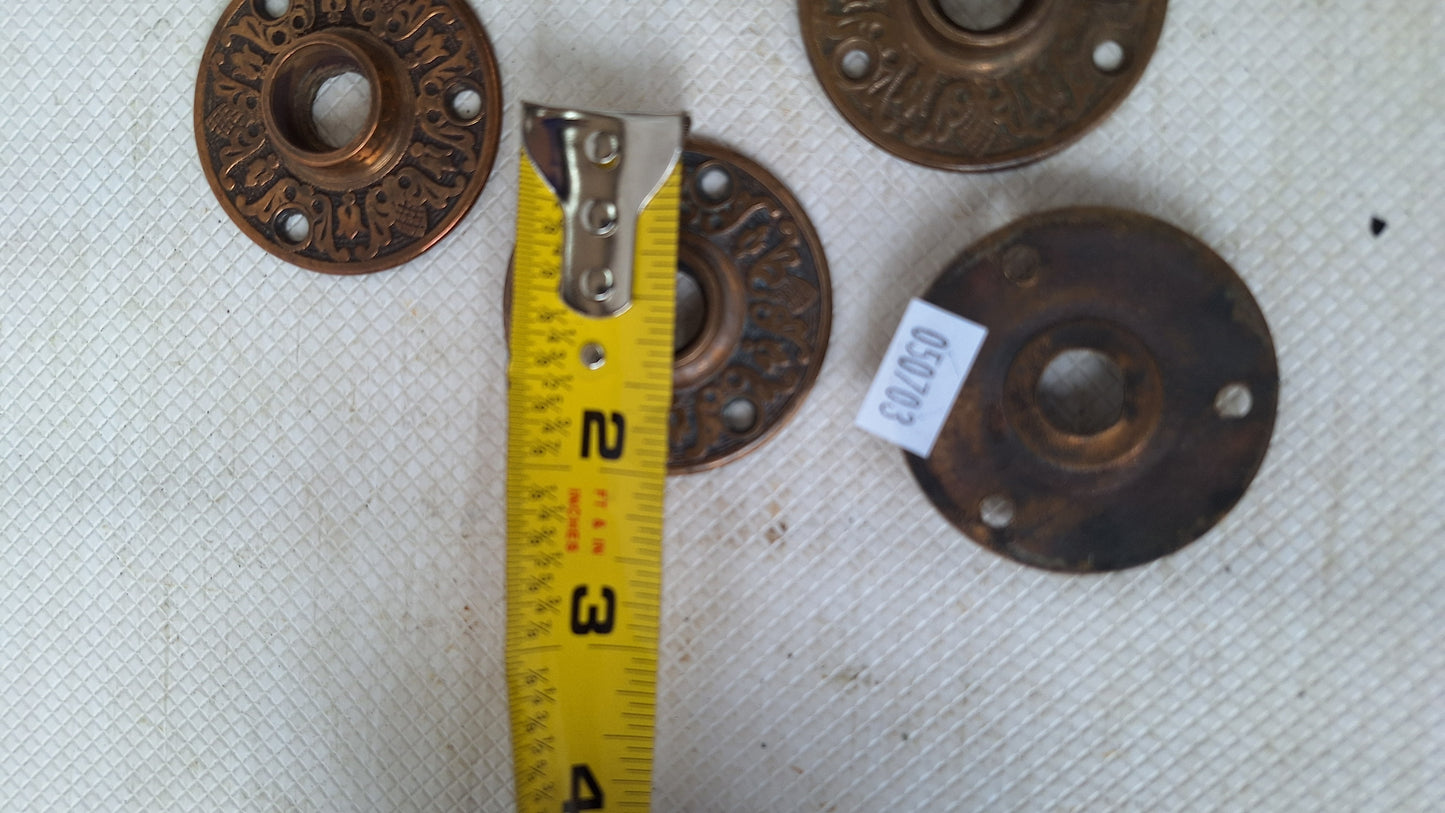 Two Floral Design Rosette Door Plates, Brass Flower Escutcheons Bronze Rosettes 050703
