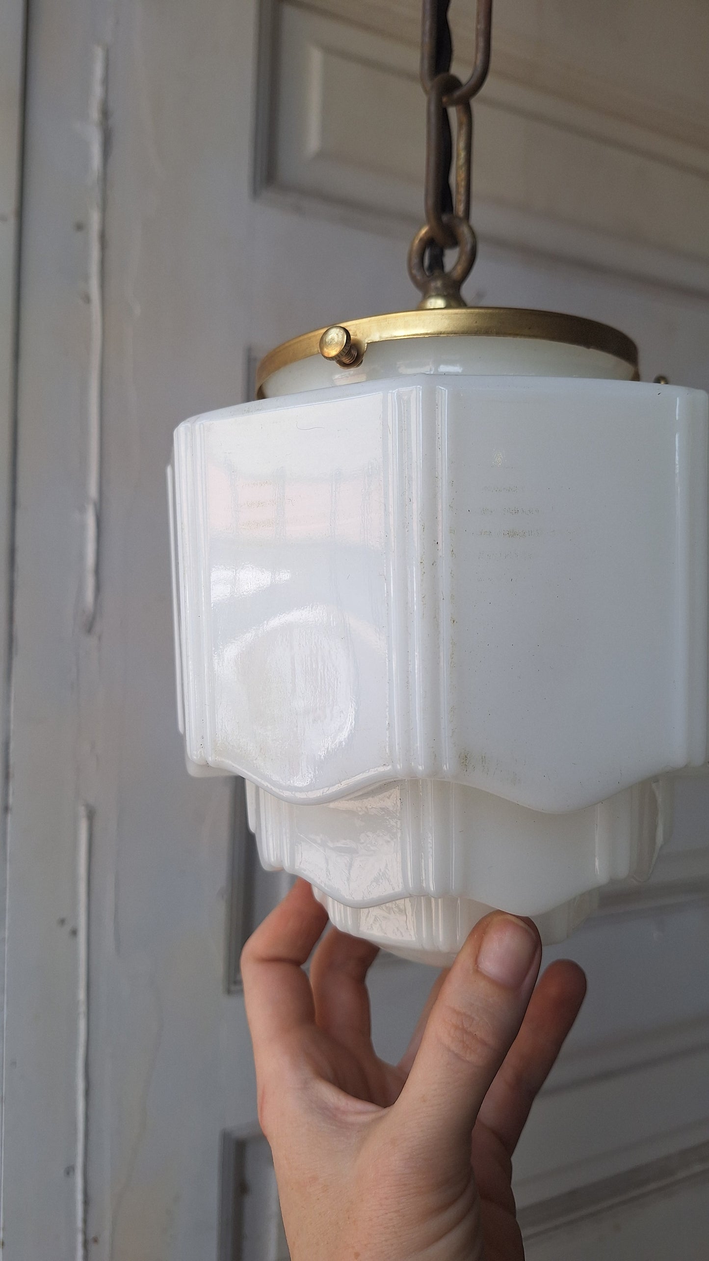 Small Vintage Pendant Art Deco Light, White Glass and Brass Light, Kitchen Island Lighting, Architecture Salvage 053003