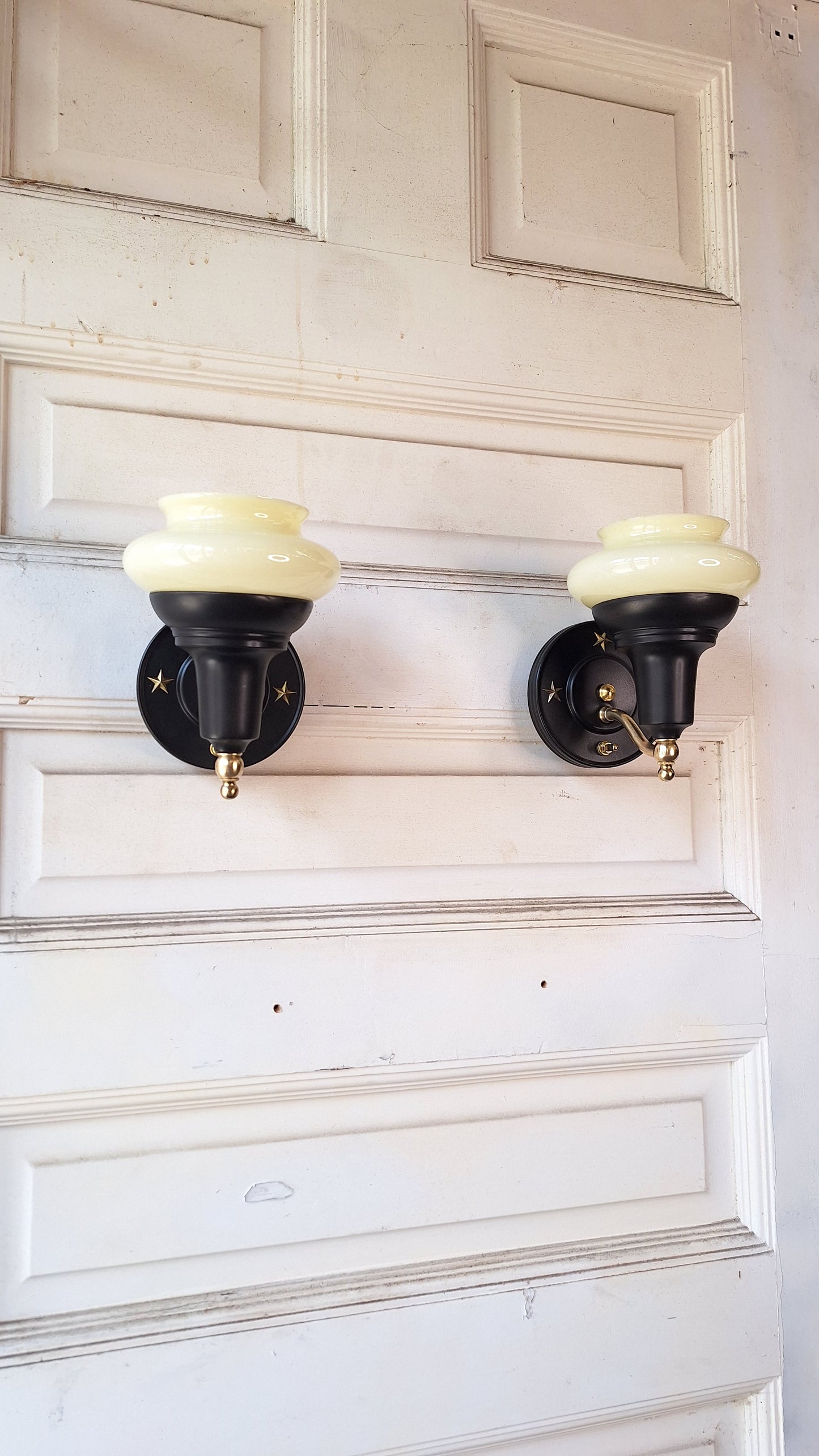 Custard Glass Slip Shade Wall Sconces, Pair of Art Deco Star Design Sconces, Black and Gold Wall Sconce Lights, Art Deco Lighting 060307