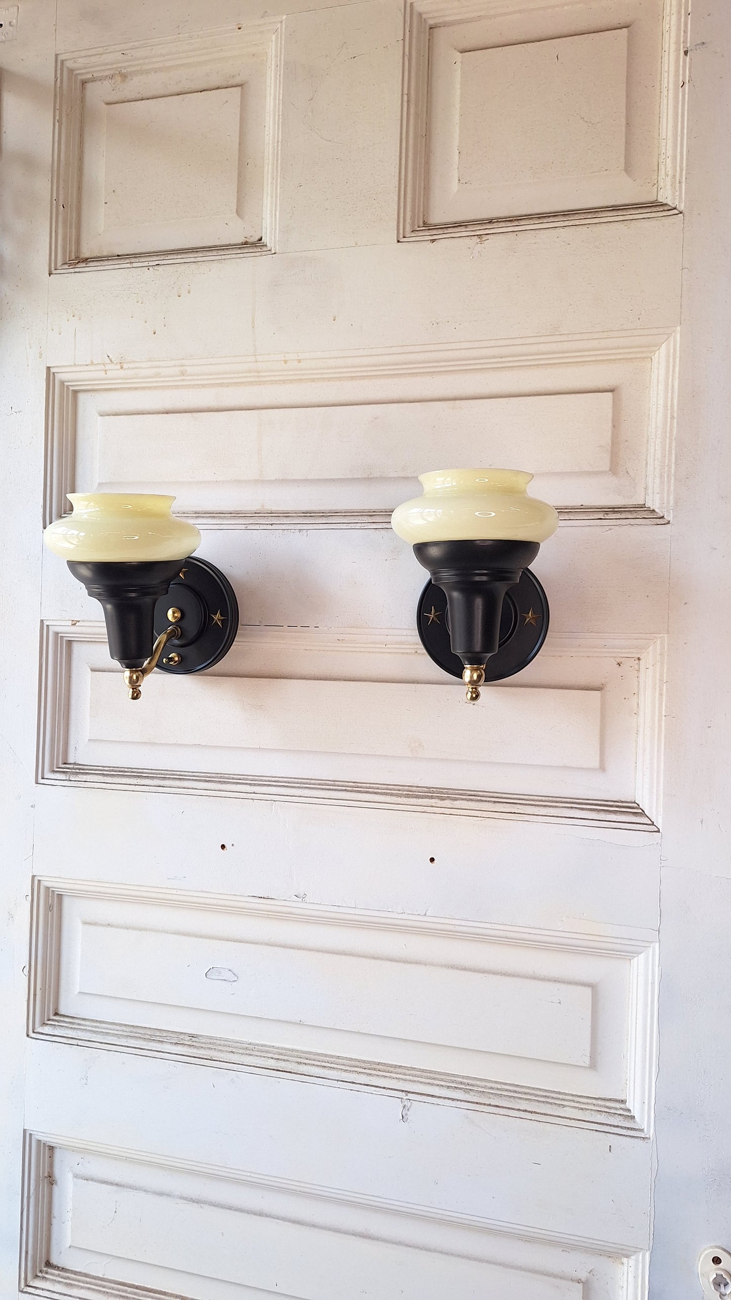 Custard Glass Slip Shade Wall Sconces, Pair of Art Deco Star Design Sconces, Black and Gold Wall Sconce Lights, Art Deco Lighting 060307