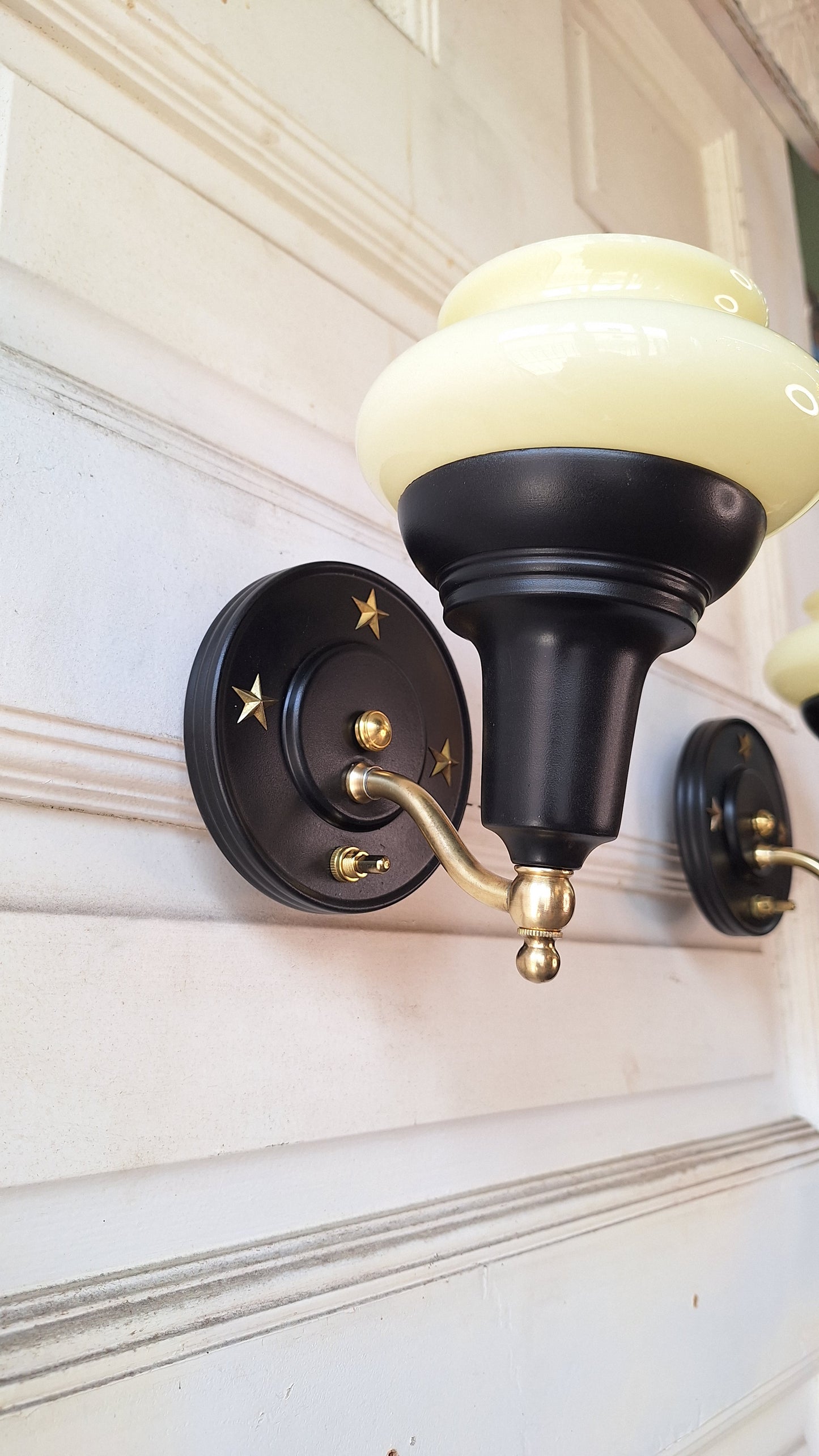 Custard Glass Slip Shade Wall Sconces, Pair of Art Deco Star Design Sconces, Black and Gold Wall Sconce Lights, Art Deco Lighting 060307