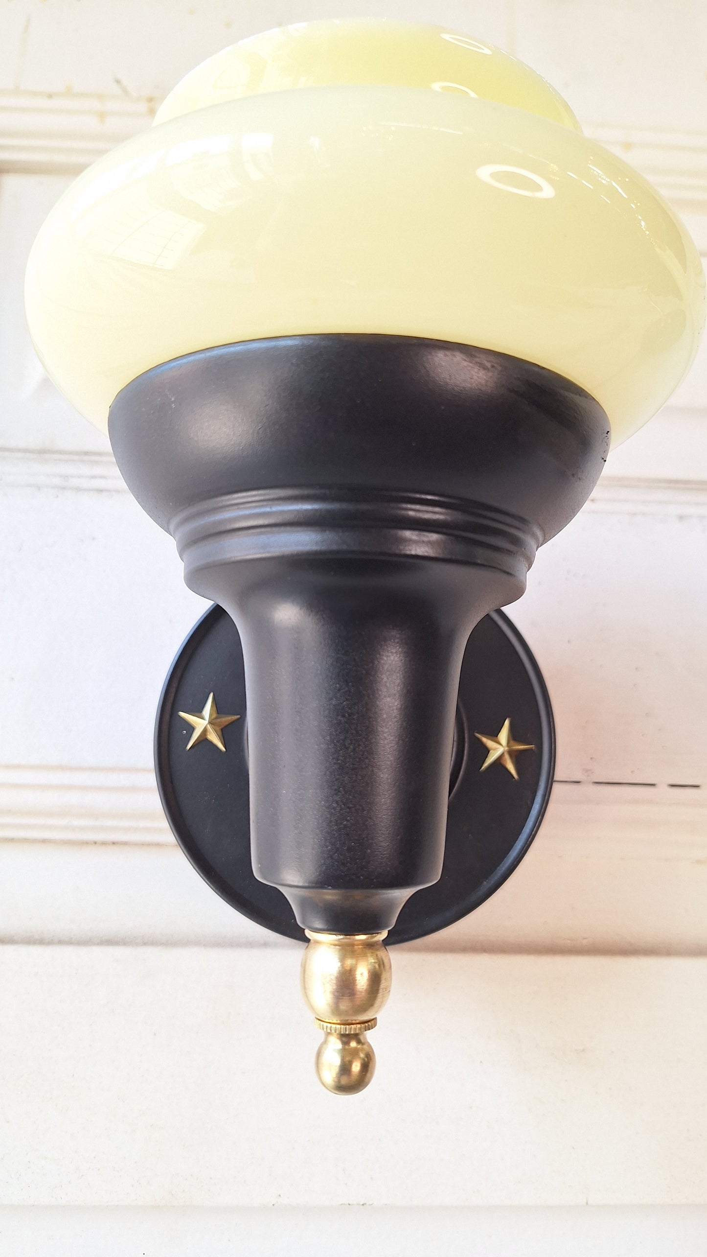 Custard Glass Slip Shade Wall Sconces, Pair of Art Deco Star Design Sconces, Black and Gold Wall Sconce Lights, Art Deco Lighting 060307