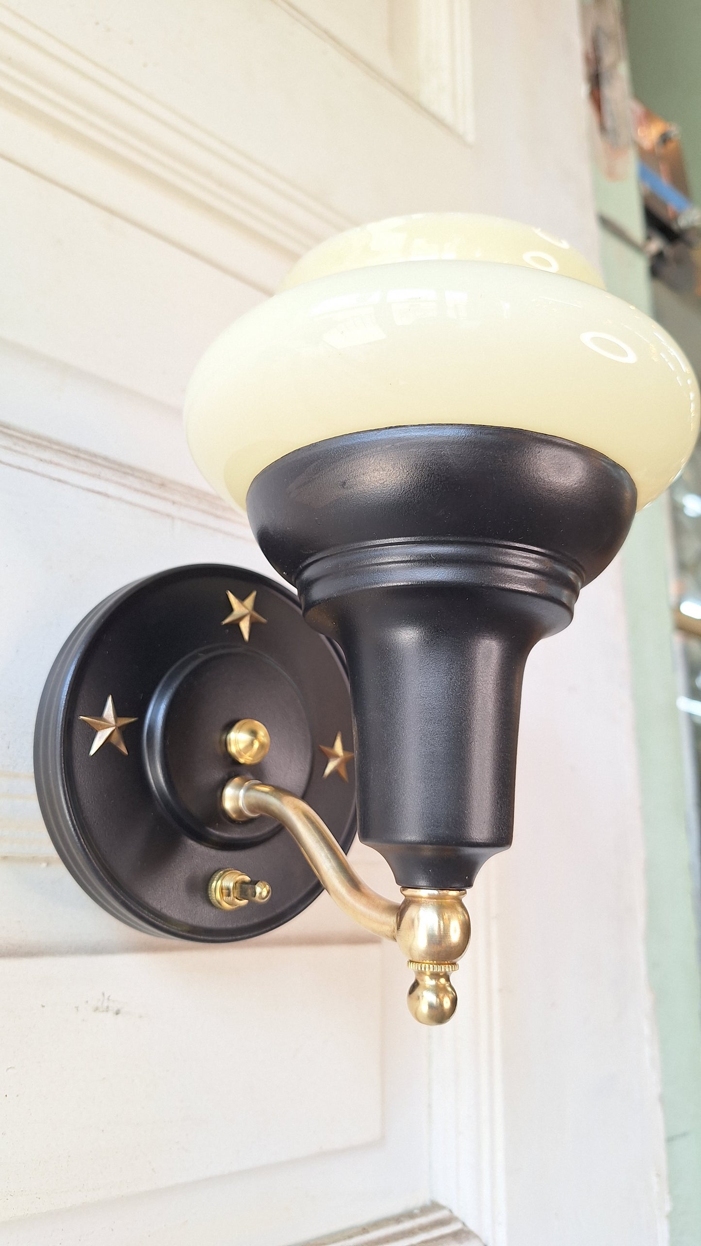 Custard Glass Slip Shade Wall Sconces, Pair of Art Deco Star Design Sconces, Black and Gold Wall Sconce Lights, Art Deco Lighting 060307
