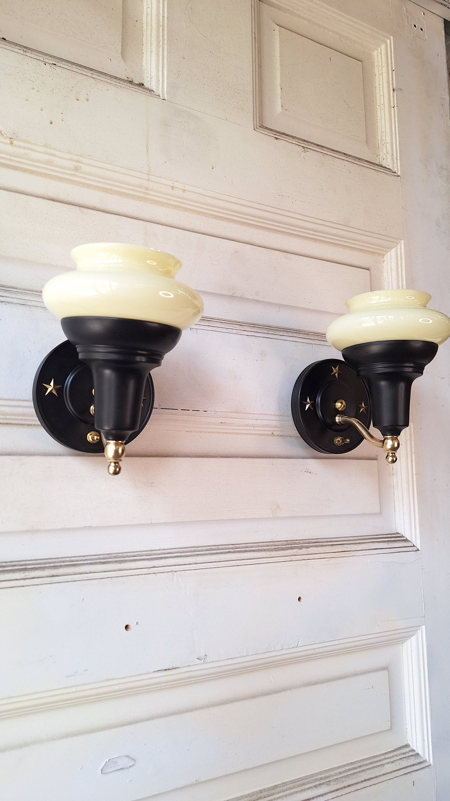 Custard Glass Slip Shade Wall Sconces, Pair of Art Deco Star Design Sconces, Black and Gold Wall Sconce Lights, Art Deco Lighting 060307