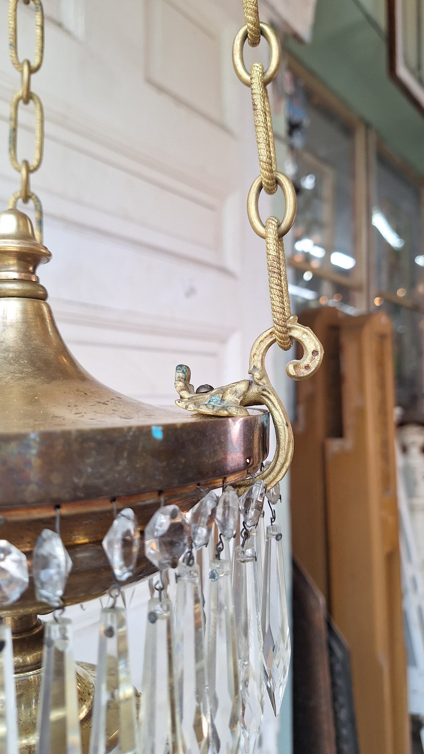 Small Vintage Brass and Crystal Chandelier, Vintage Wedding Cake Light, Empire Style 061401
