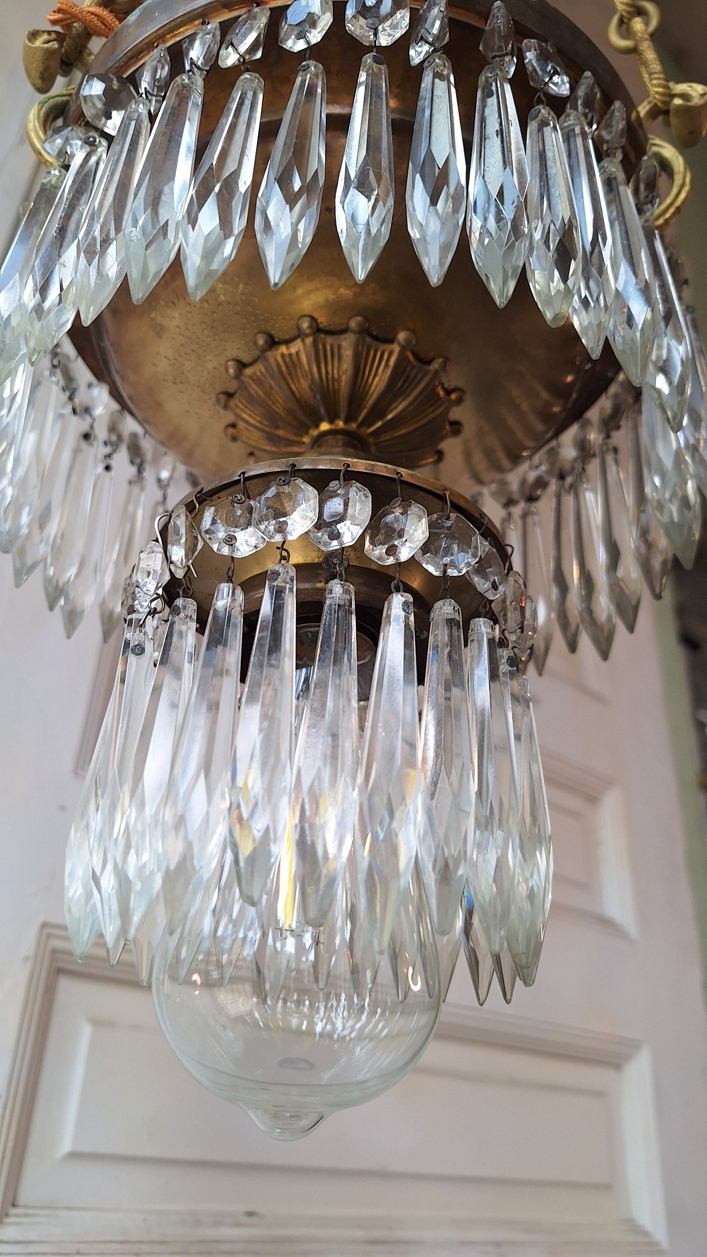 Small Vintage Brass and Crystal Chandelier, Vintage Wedding Cake Light, Empire Style 061401