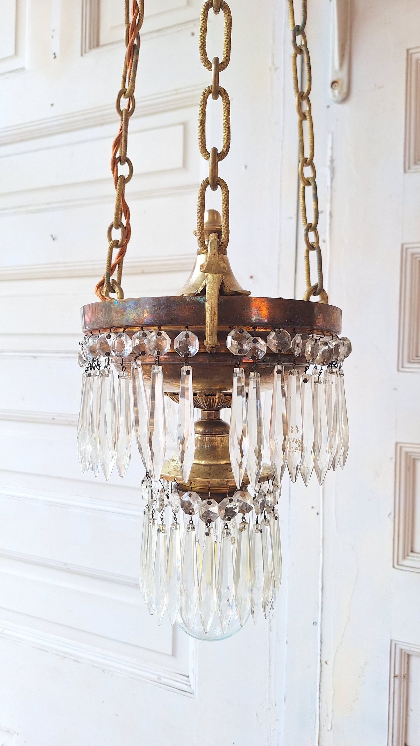 Small Vintage Brass and Crystal Chandelier, Vintage Wedding Cake Light, Empire Style 061401