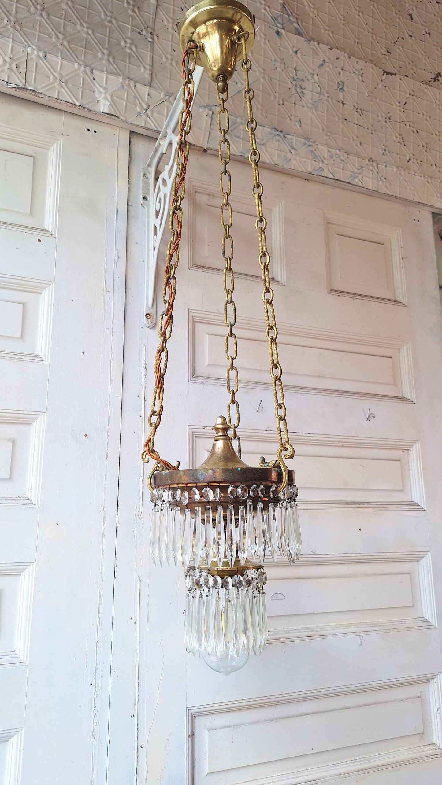 Small Vintage Brass and Crystal Chandelier, Vintage Wedding Cake Light, Empire Style 061401