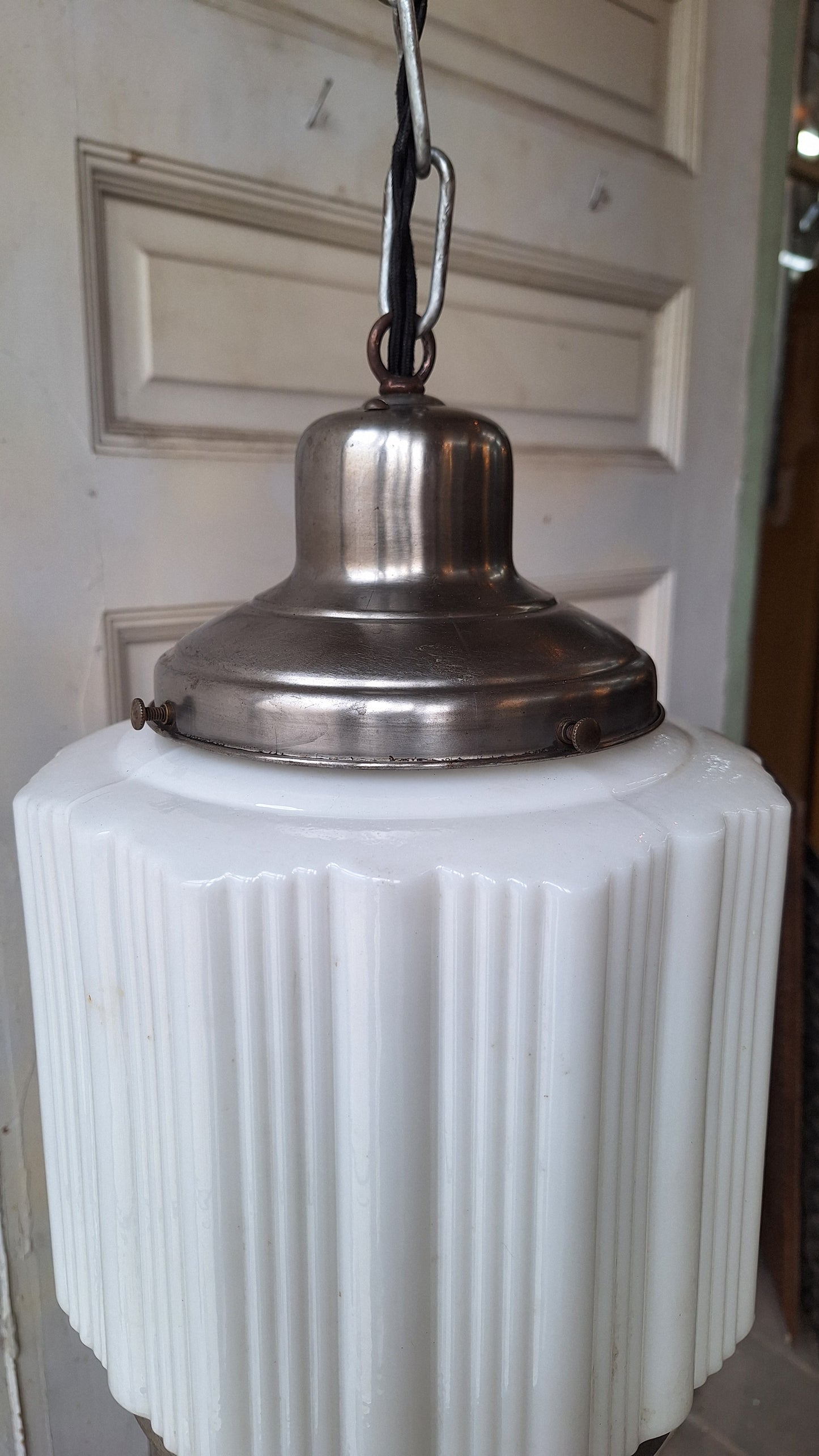 Antique Deco Faceted Clear and White Glass Flush Mount, Schoolhouse or Skyscraper Style Light, Antique Art Deco Light Architecture Salvage