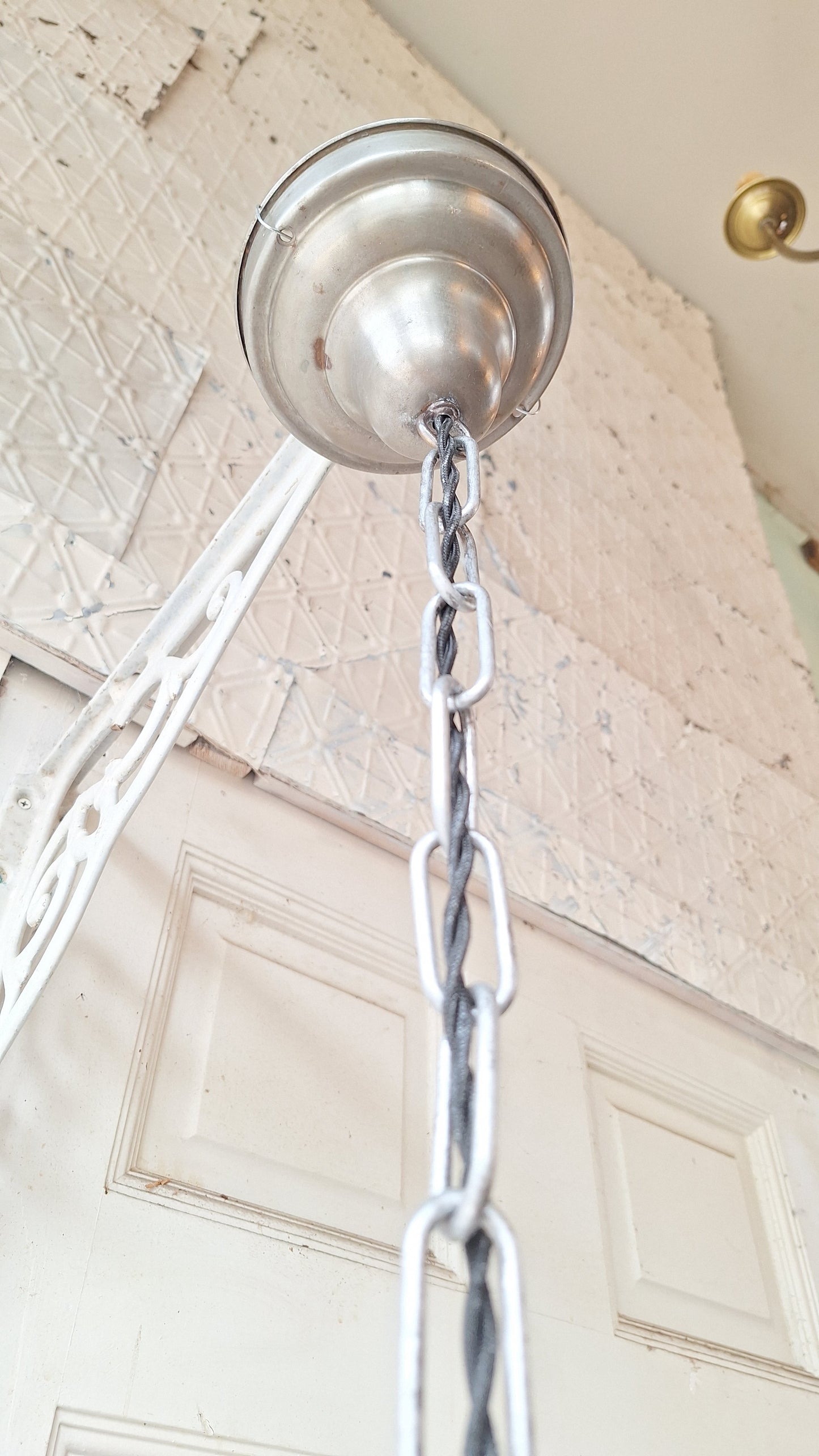 Antique Deco Faceted Clear and White Glass Flush Mount, Schoolhouse or Skyscraper Style Light, Antique Art Deco Light Architecture Salvage