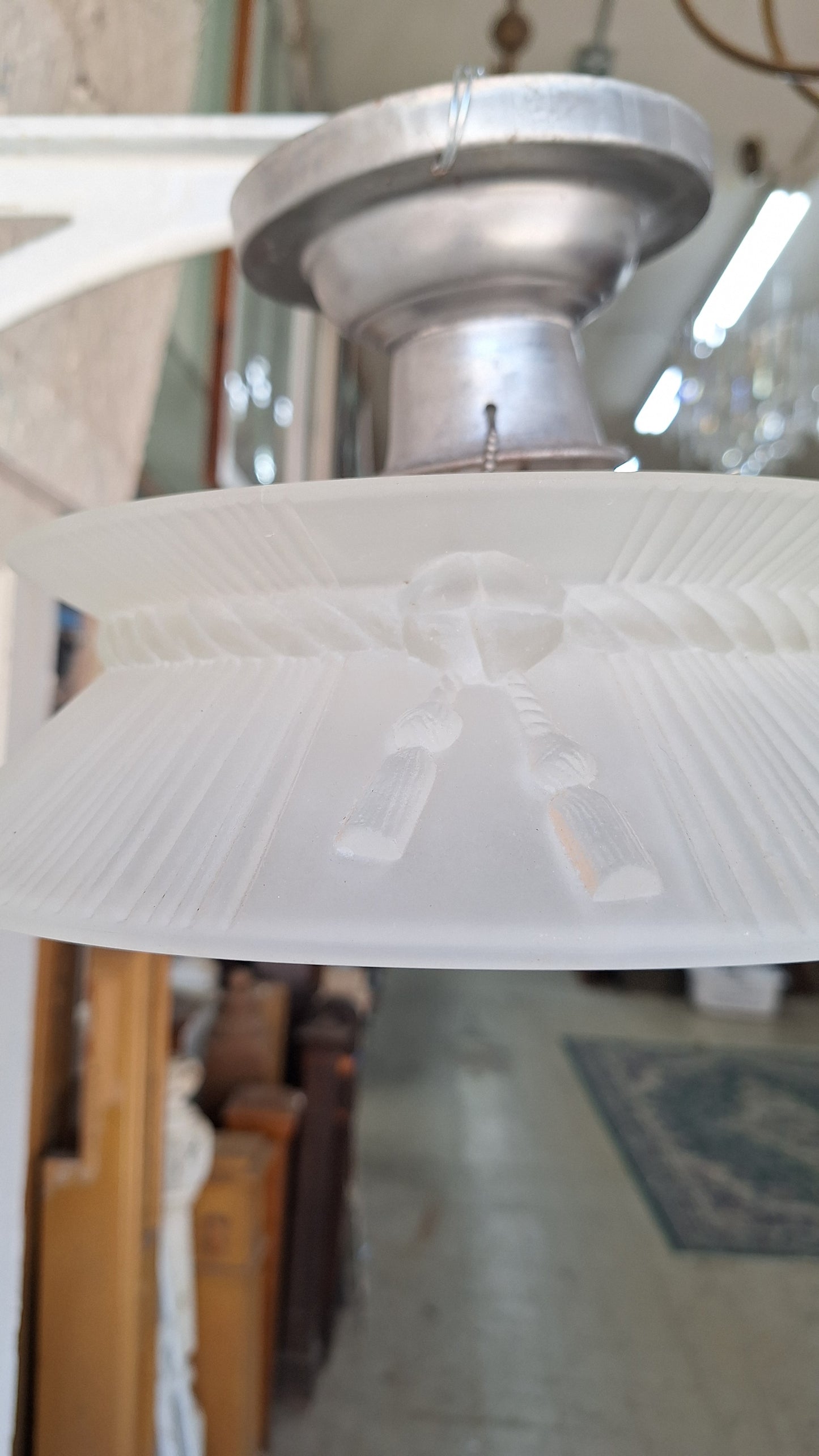 Molded Glass Shade Three Chain Art Deco Light, Semi Flush Antique Light Shade, Etched Glass Vintage Shade, Architectural Salvage 062101