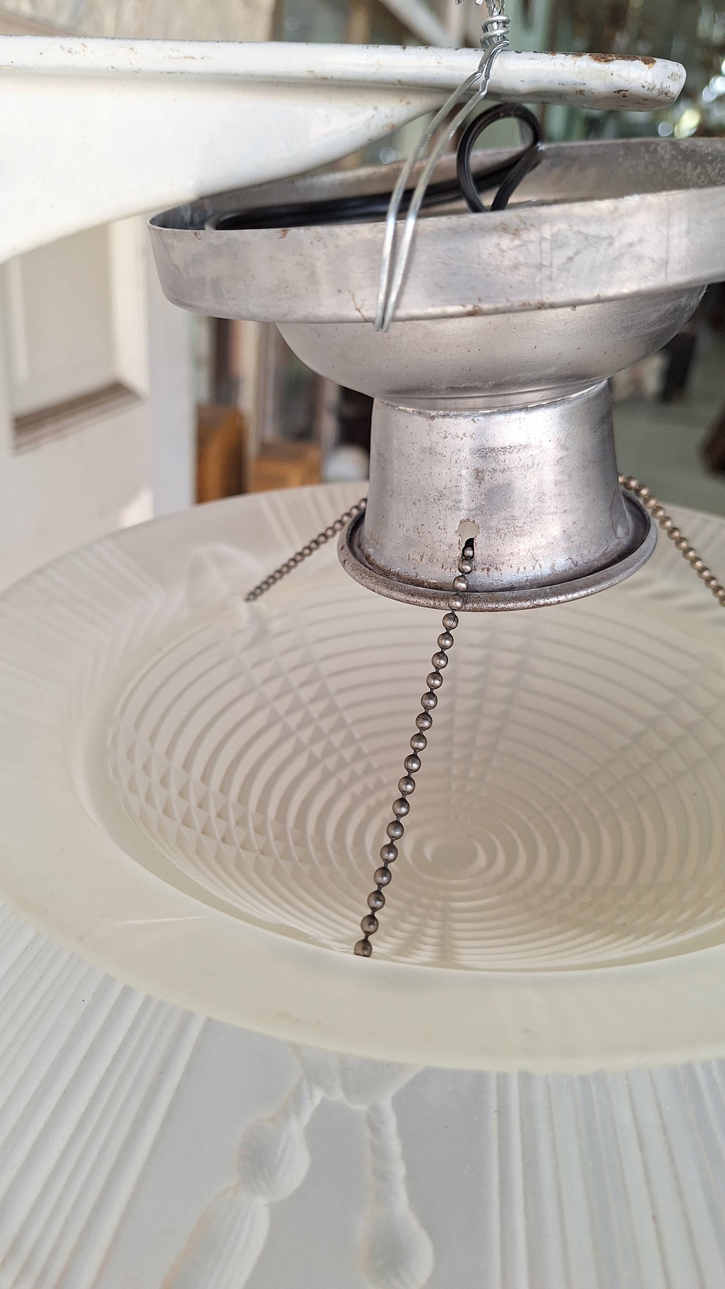 Molded Glass Shade Three Chain Art Deco Light, Semi Flush Antique Light Shade, Etched Glass Vintage Shade, Architectural Salvage 062101