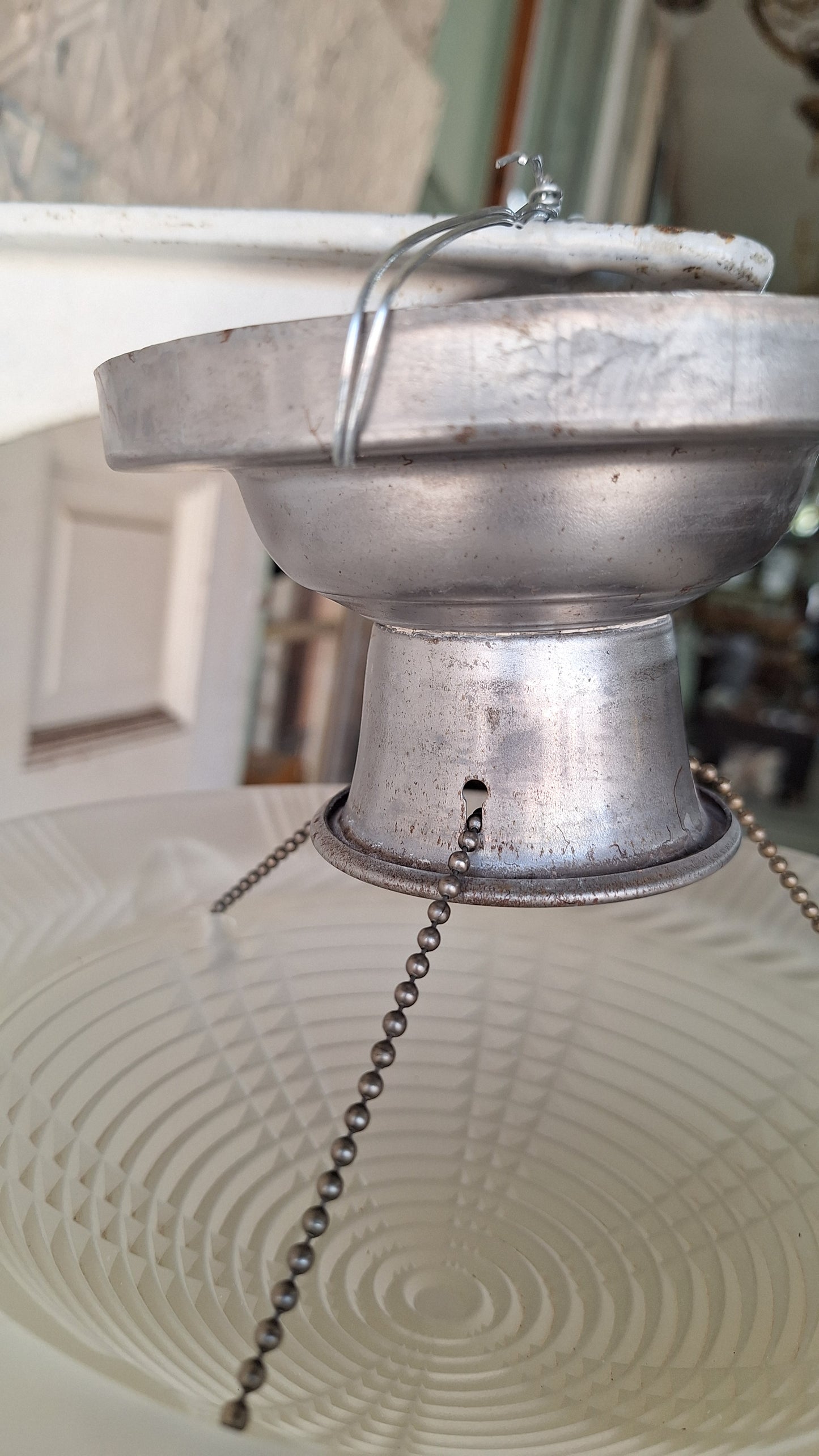 Molded Glass Shade Three Chain Art Deco Light, Semi Flush Antique Light Shade, Etched Glass Vintage Shade, Architectural Salvage 062101