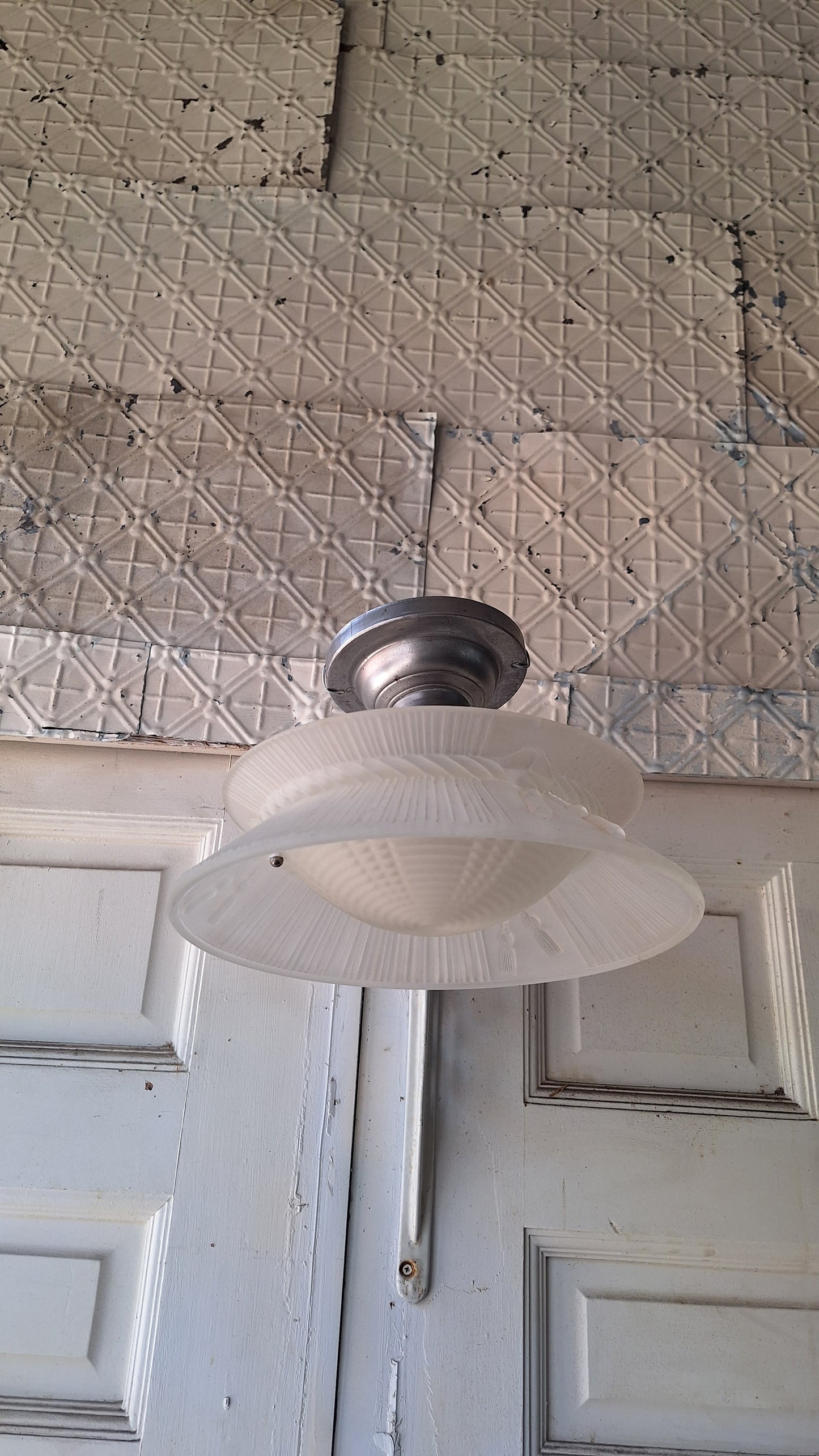 Molded Glass Shade Three Chain Art Deco Light, Semi Flush Antique Light Shade, Etched Glass Vintage Shade, Architectural Salvage 062101