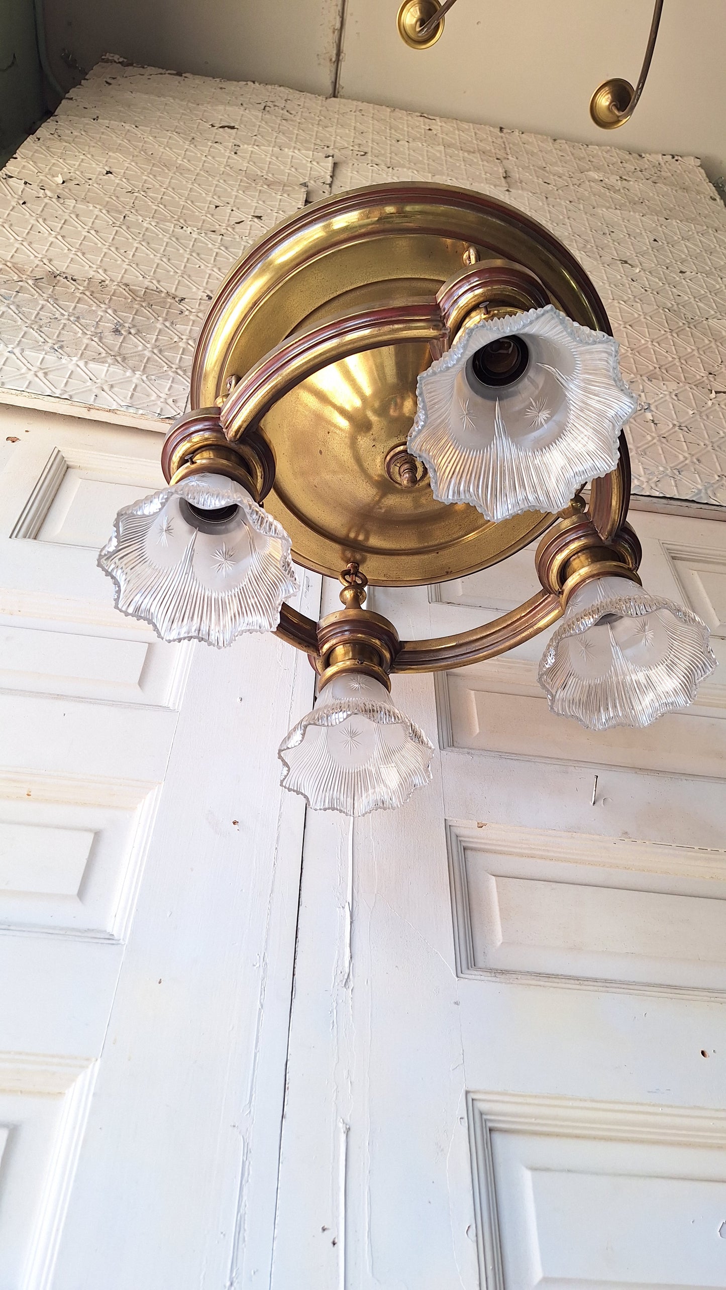 Four Light Antique Brass Pan Light, Brass Ornate Chandelier, Antique Brass Light, Victorian Light, Art Deco Craftsman Lighting 062102