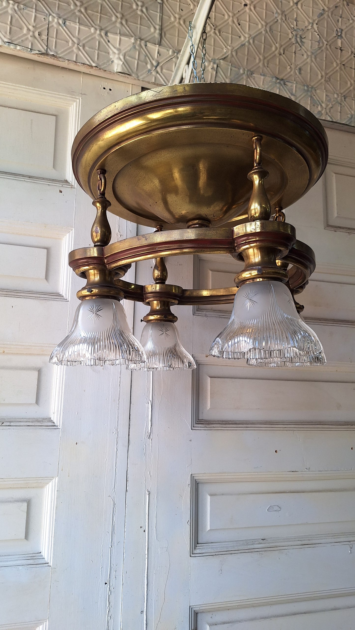 Four Light Antique Brass Pan Light, Brass Ornate Chandelier, Antique Brass Light, Victorian Light, Art Deco Craftsman Lighting 062102