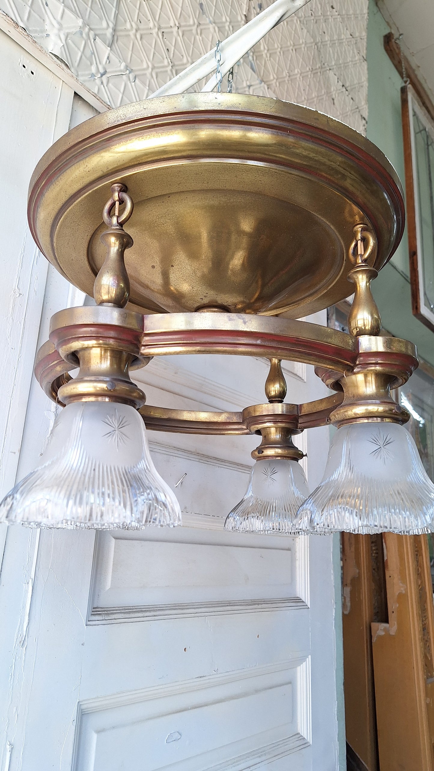 Four Light Antique Brass Pan Light, Brass Ornate Chandelier, Antique Brass Light, Victorian Light, Art Deco Craftsman Lighting 062102