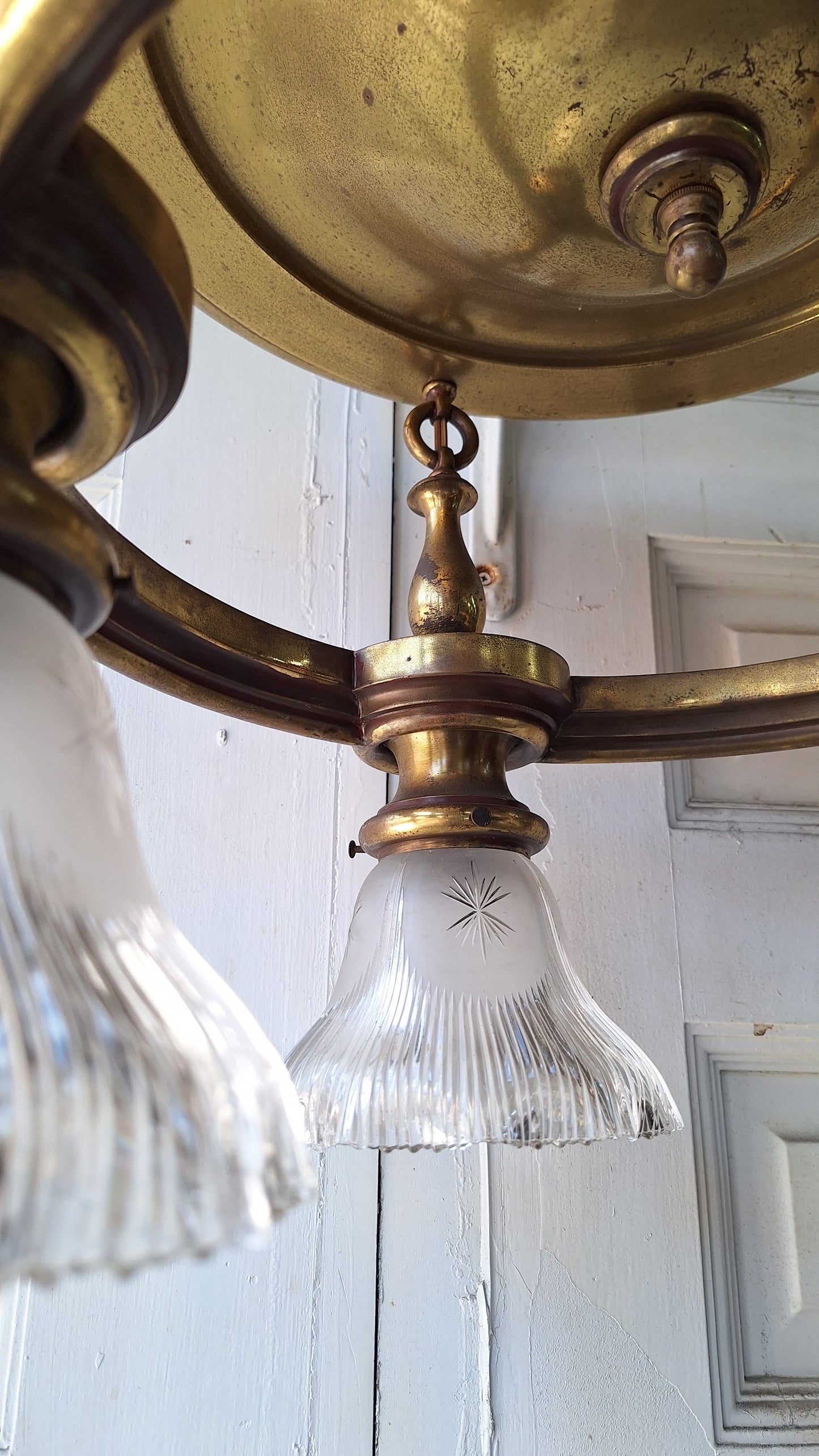 Four Light Antique Brass Pan Light, Brass Ornate Chandelier, Antique Brass Light, Victorian Light, Art Deco Craftsman Lighting 062102