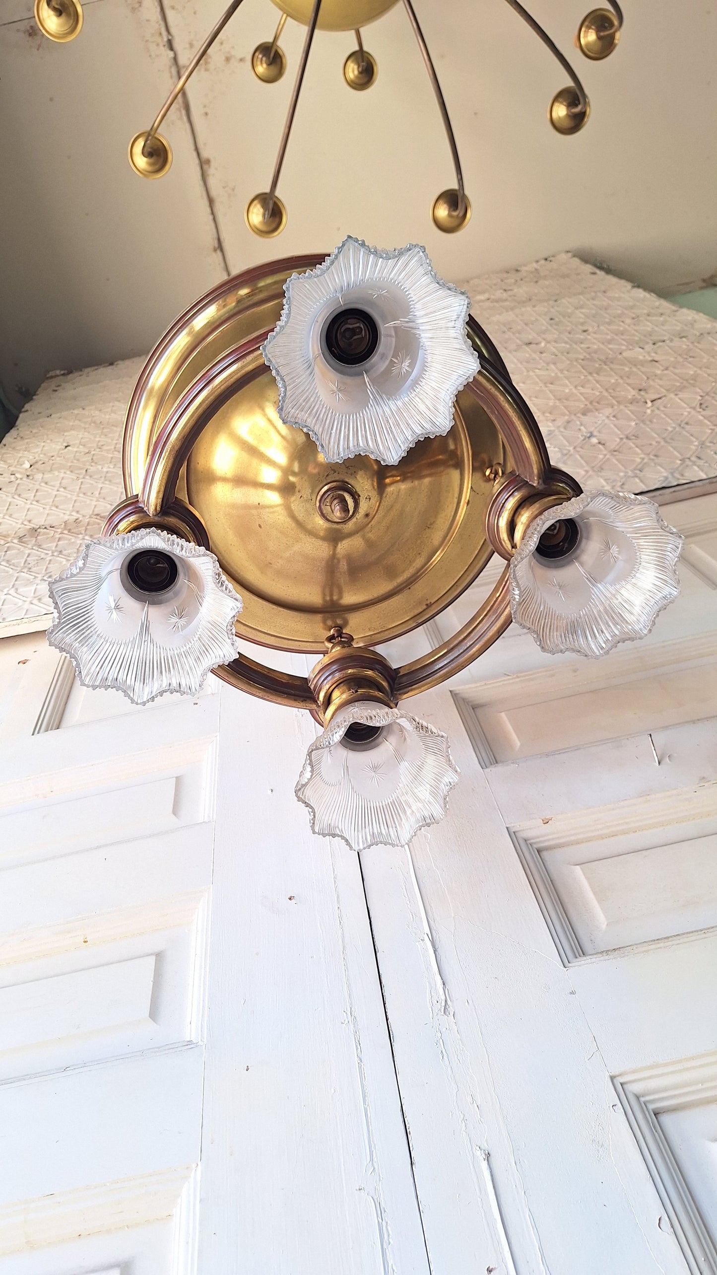 Four Light Antique Brass Pan Light, Brass Ornate Chandelier, Antique Brass Light, Victorian Light, Art Deco Craftsman Lighting 062102