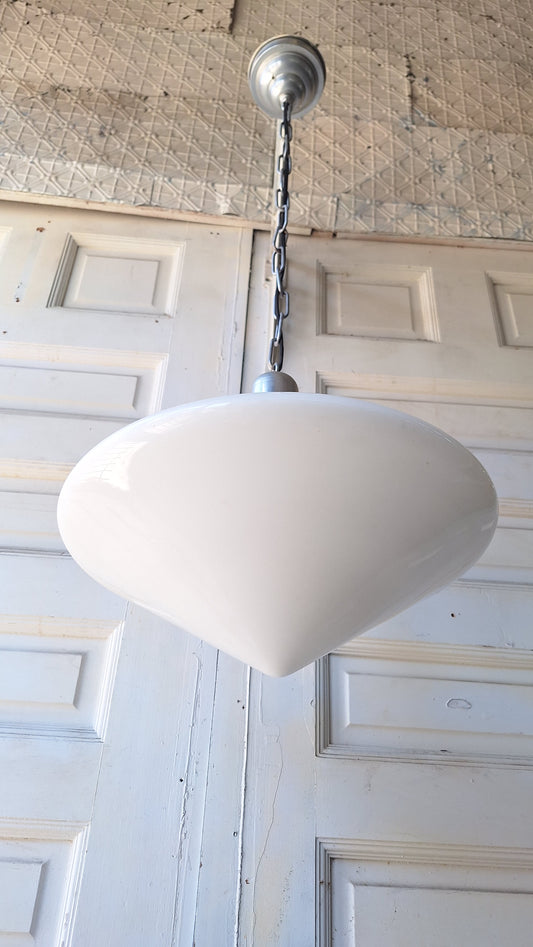 Art Deco Pendant with White Glass Globe and Silver Base, Schoolhouse Style Light, Antique Pendant Light Architecture Salvage