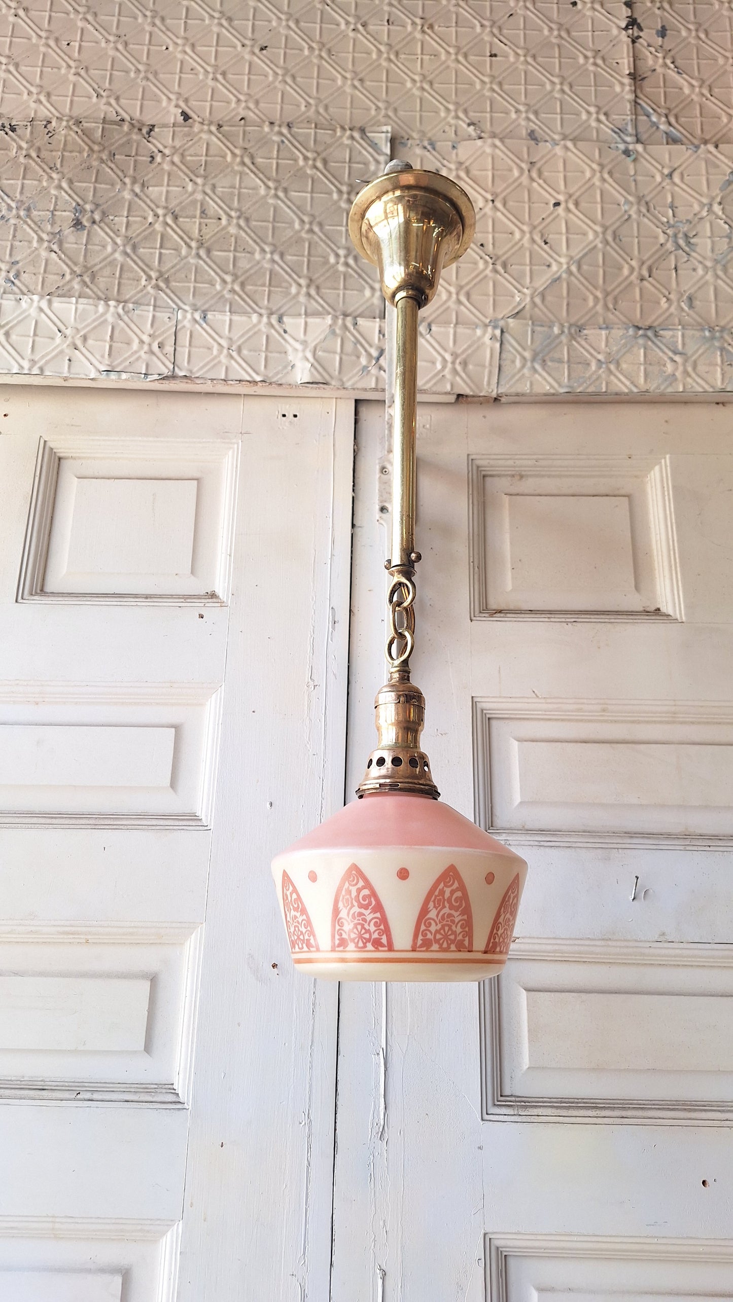Vintage Pink Pendant Light with Stenciled Design, Brass and Glass Antique Pink Glass Globe Light 062403