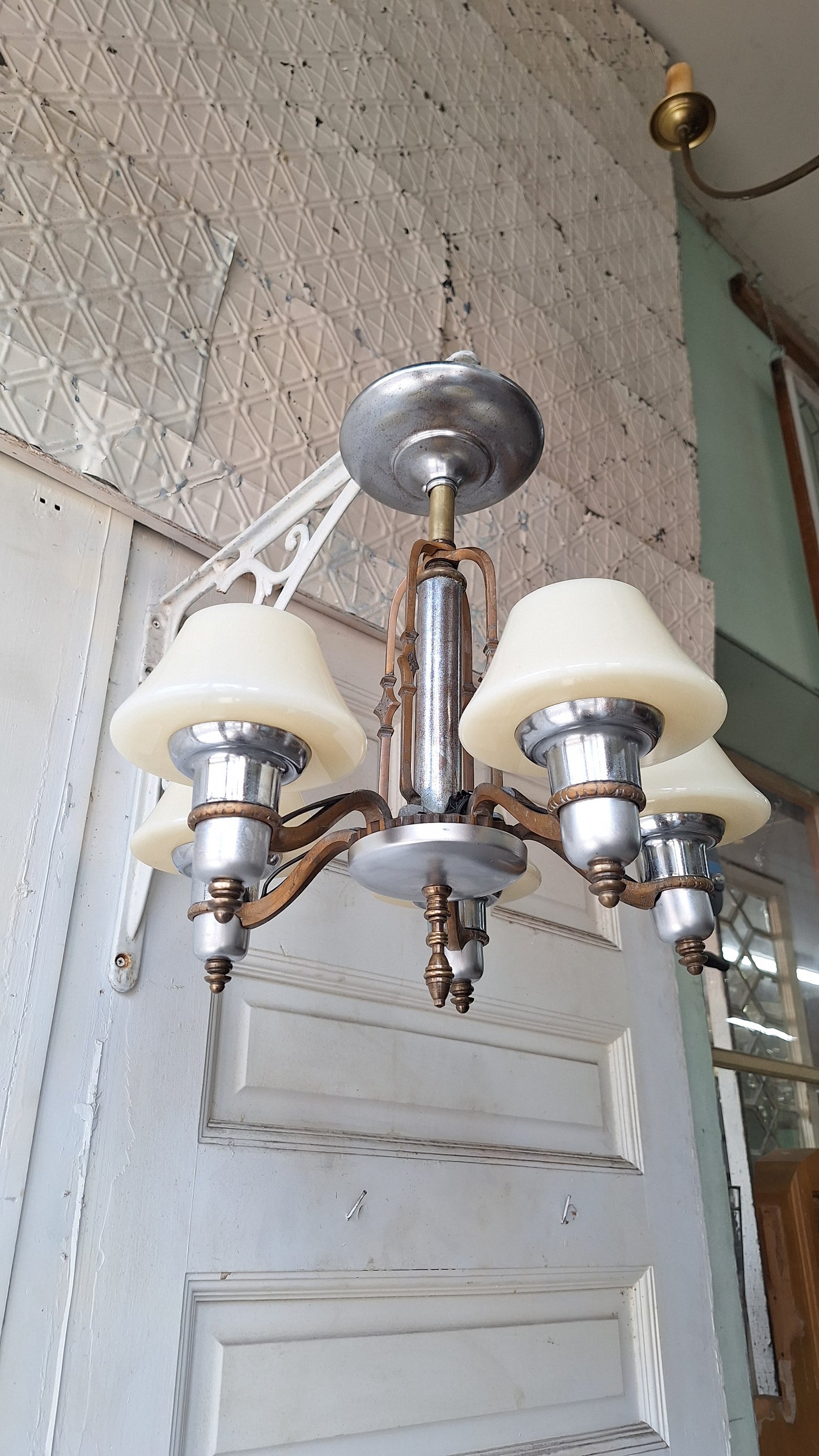 Art Deco Custard Glass Chandelier, Mixed Metal Light Silver and Bronze, Custard Slip Shade Chandelier, Architecture Salvage