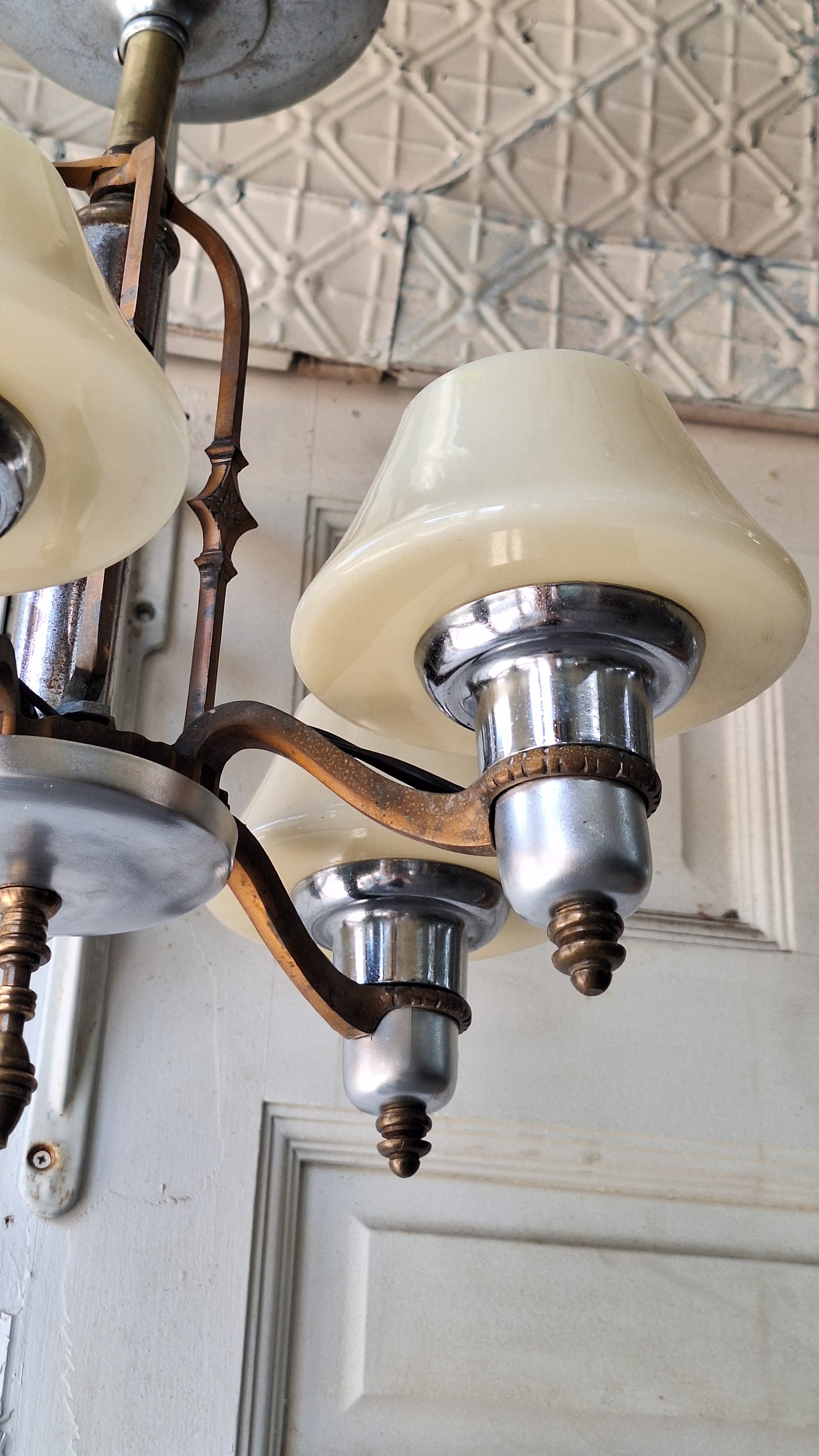 Art Deco Custard Glass Chandelier, Mixed Metal Light Silver and Bronze, Custard Slip Shade Chandelier, Architecture Salvage
