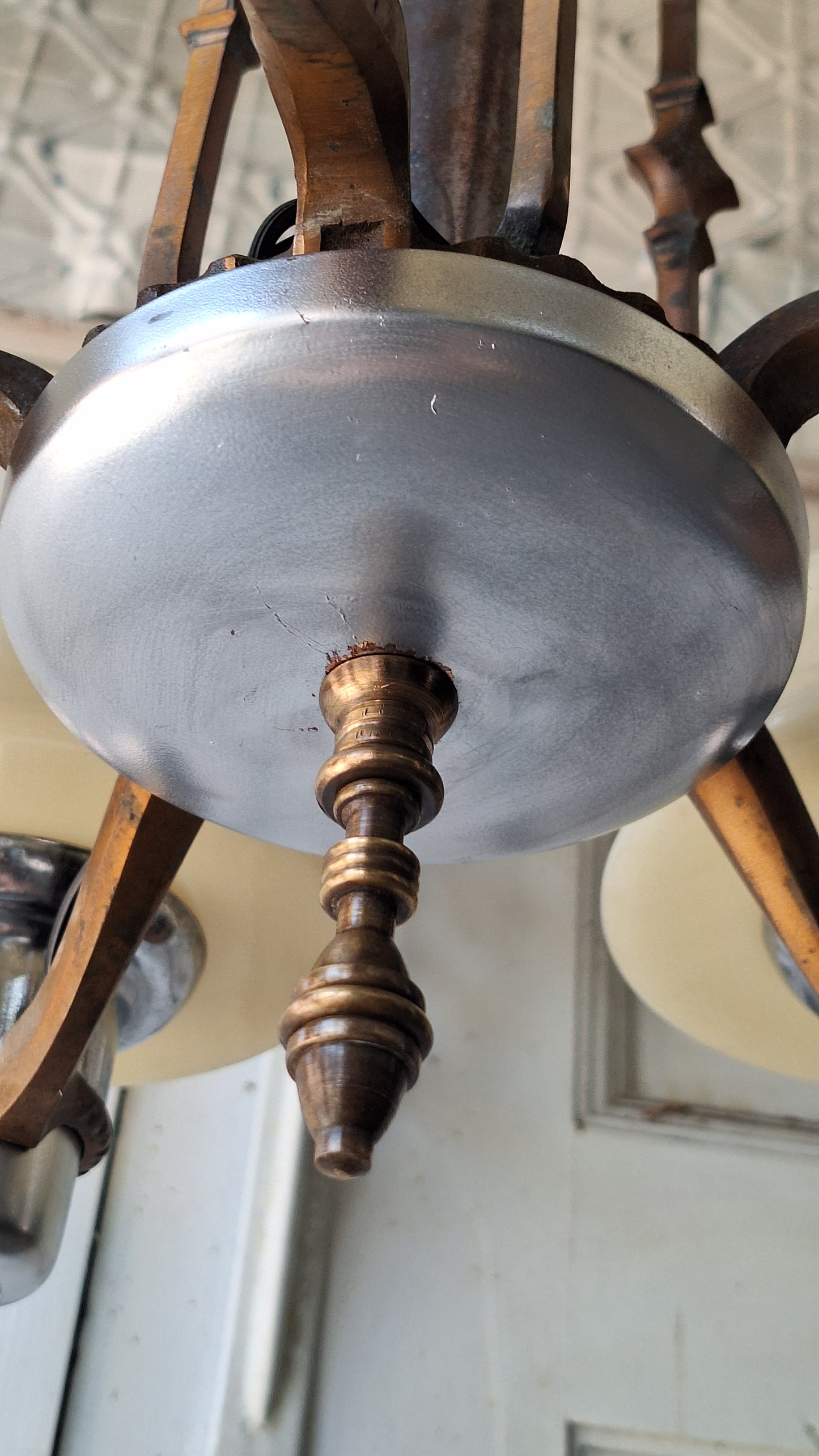 Art Deco Custard Glass Chandelier, Mixed Metal Light Silver and Bronze, Custard Slip Shade Chandelier, Architecture Salvage