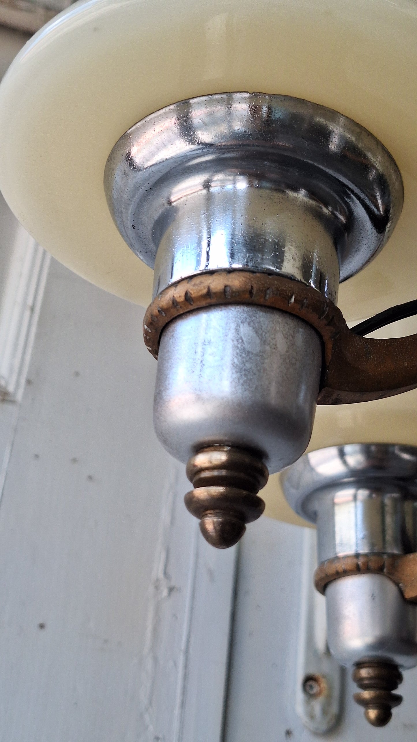 Art Deco Custard Glass Chandelier, Mixed Metal Light Silver and Bronze, Custard Slip Shade Chandelier, Architecture Salvage