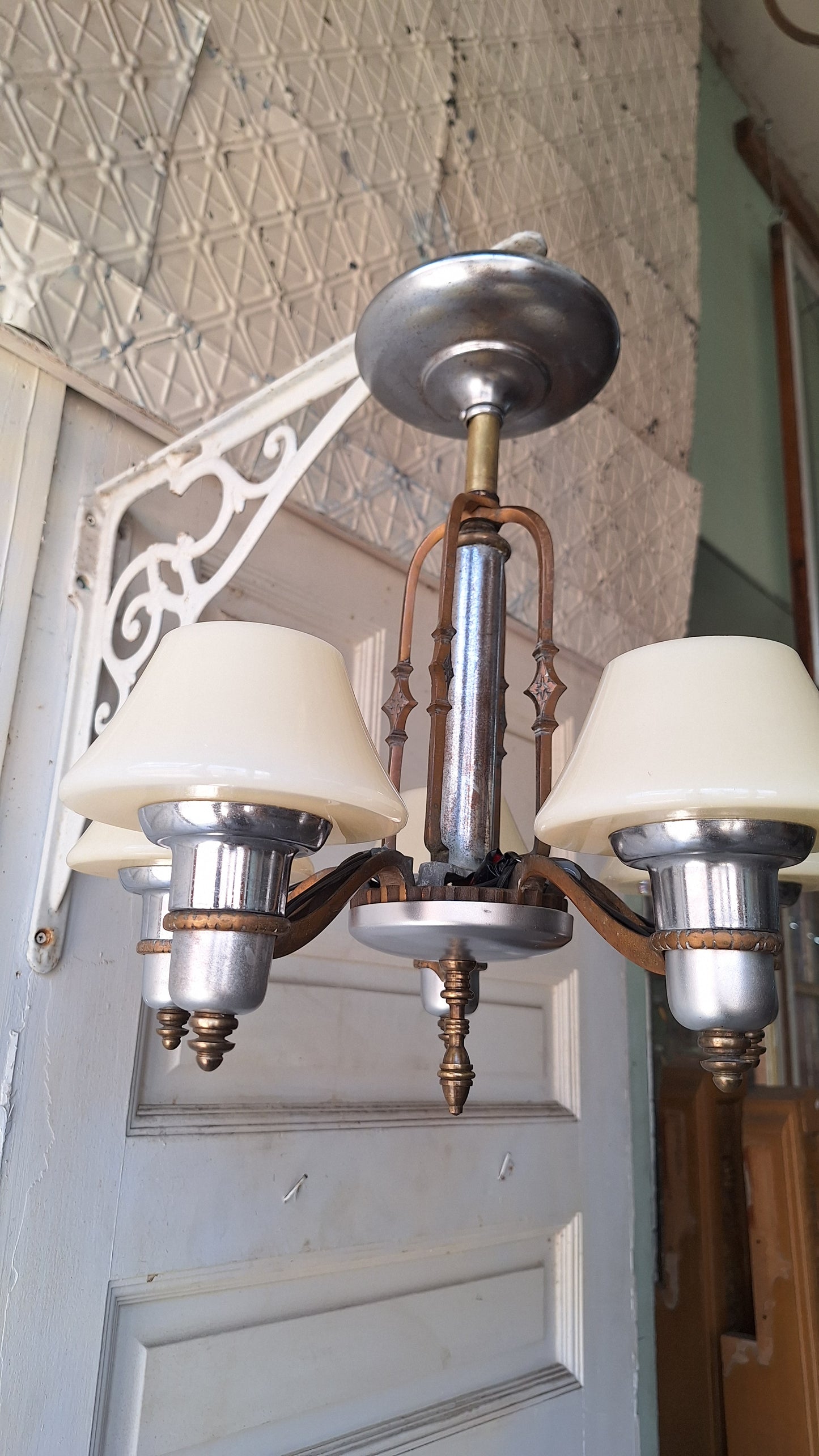 Art Deco Custard Glass Chandelier, Mixed Metal Light Silver and Bronze, Custard Slip Shade Chandelier, Architecture Salvage