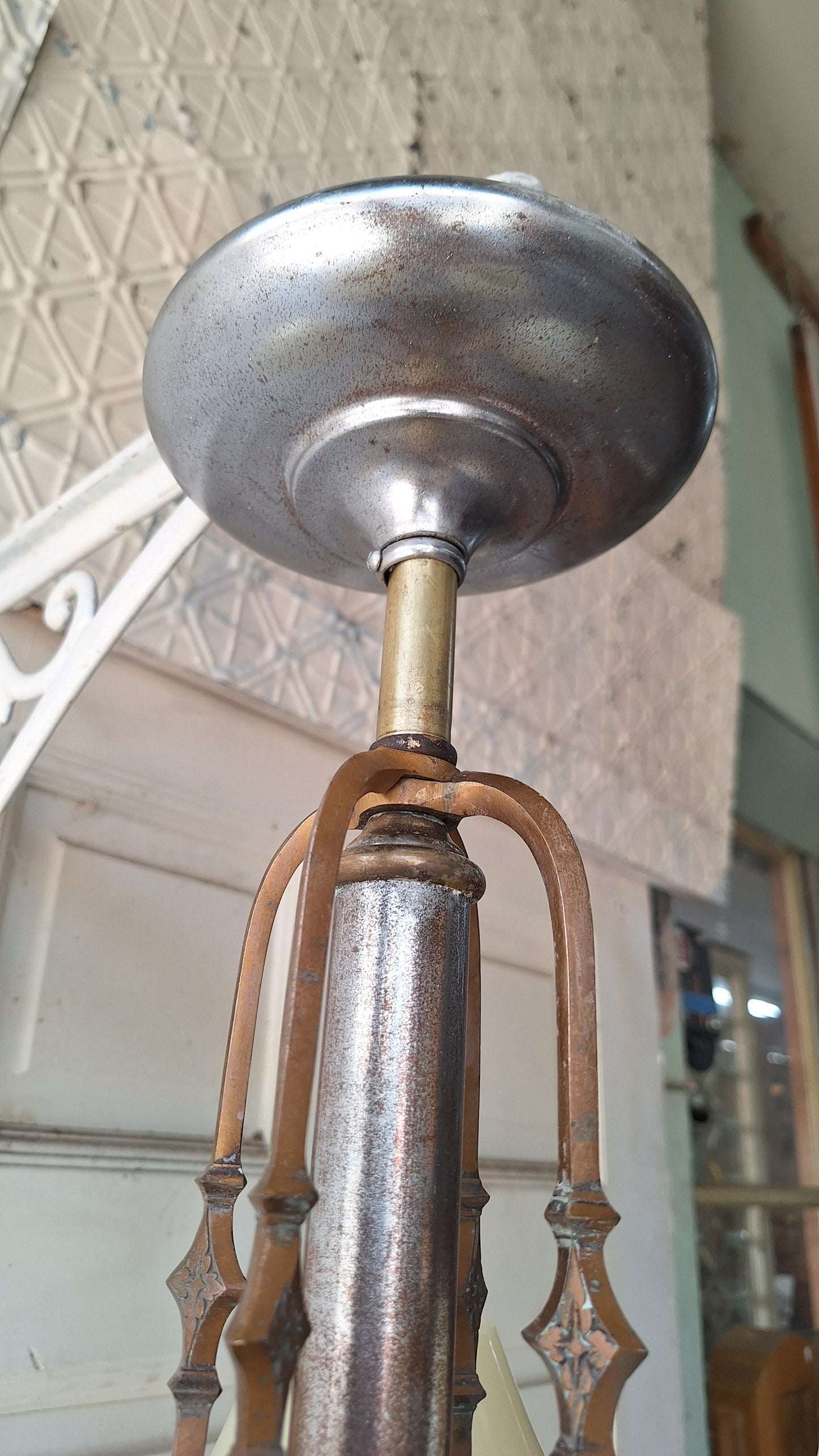 Art Deco Custard Glass Chandelier, Mixed Metal Light Silver and Bronze, Custard Slip Shade Chandelier, Architecture Salvage