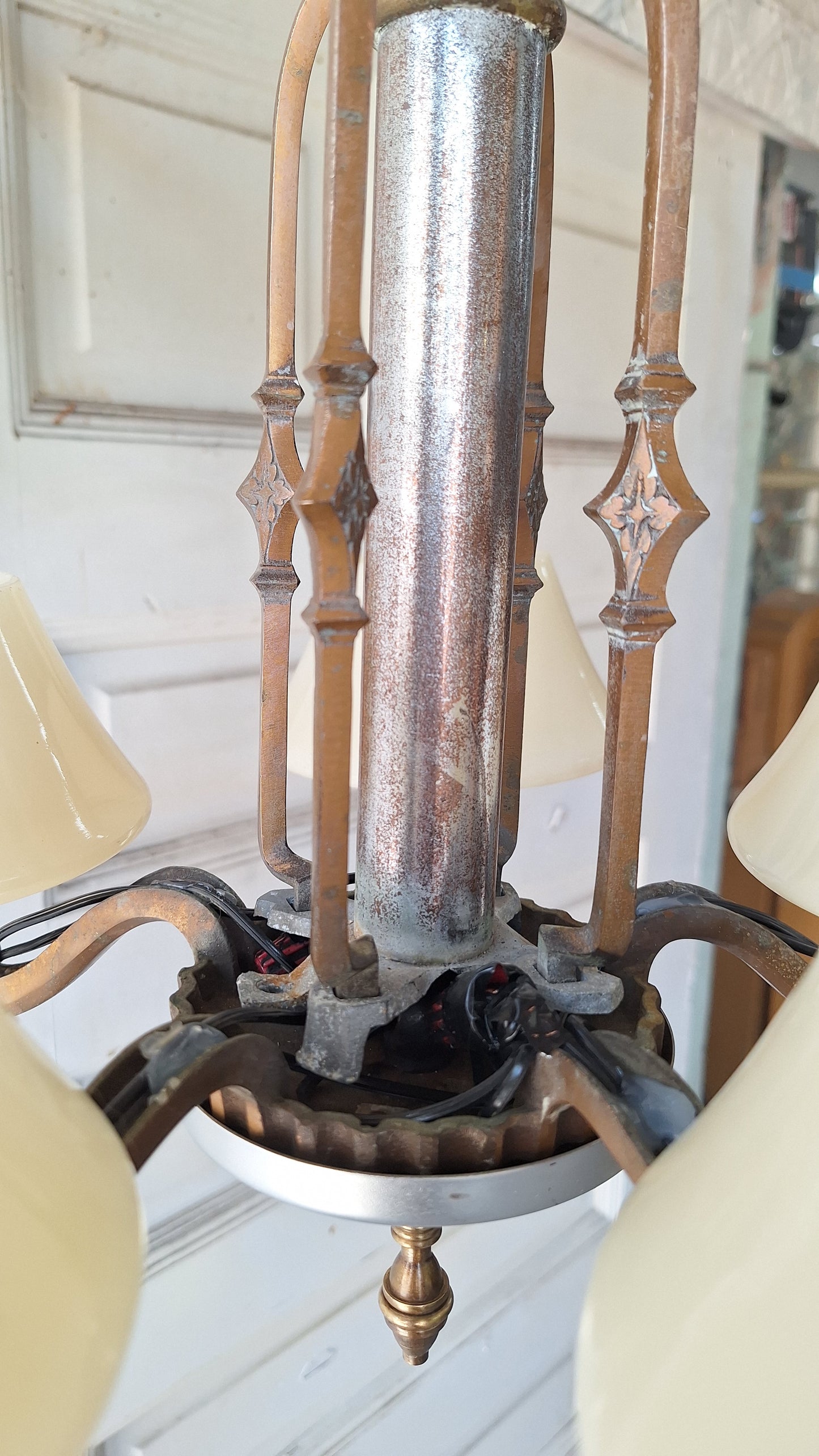 Art Deco Custard Glass Chandelier, Mixed Metal Light Silver and Bronze, Custard Slip Shade Chandelier, Architecture Salvage