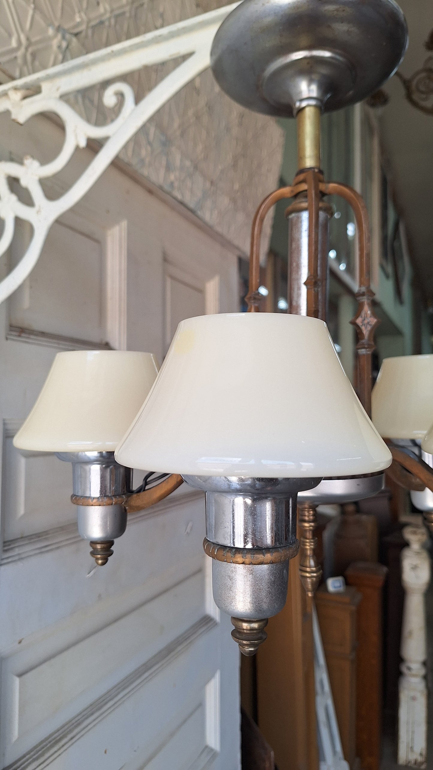 Art Deco Custard Glass Chandelier, Mixed Metal Light Silver and Bronze, Custard Slip Shade Chandelier, Architecture Salvage